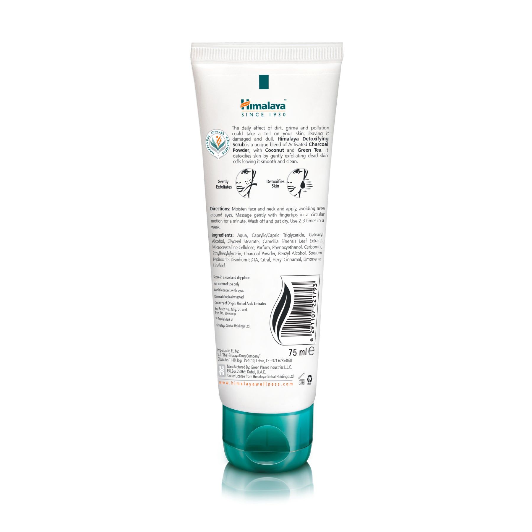 Himalaya Entgiftendes Aktivkohle-Peeling Tube mit 75 ml Inhalt. Zeigt Aktivkohle und grünen Tee.