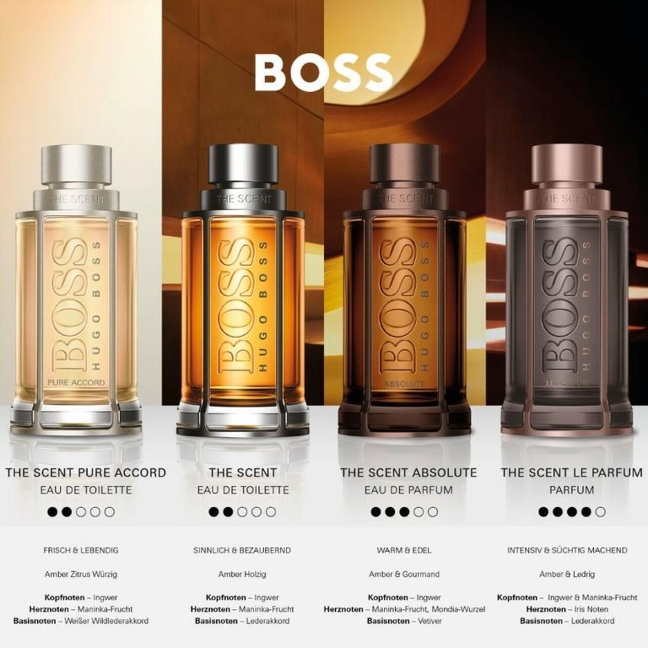 Quattro profumi Boss: The Scent Pure Accord, The Scent Eau de Toilette, The Scent Absolute, The Scent Le Parfum. Flaconi con nomi.