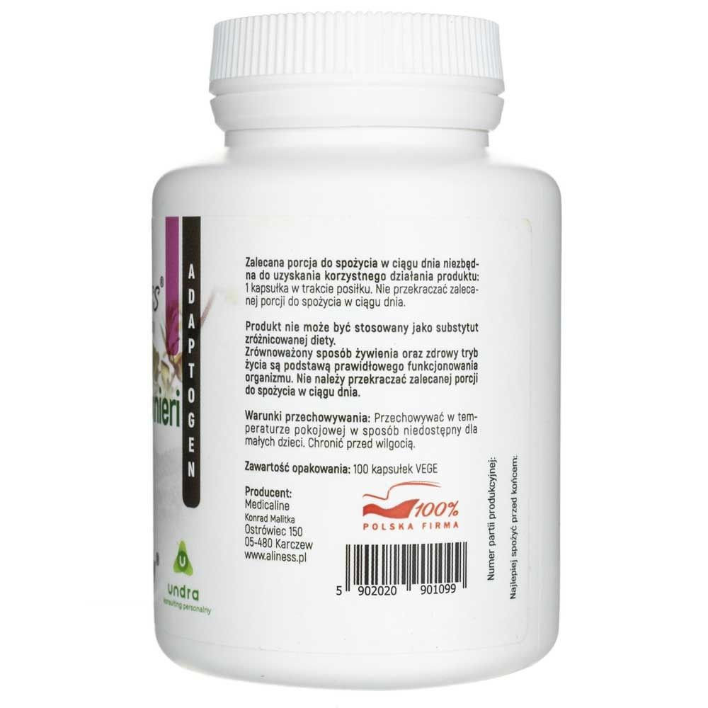 Rückseite eines weißen Kapselbehälters mit Lagerungshinweisen und Herstellerinformationen für Aliness Bacopa monnieri Extrakt 50%.
