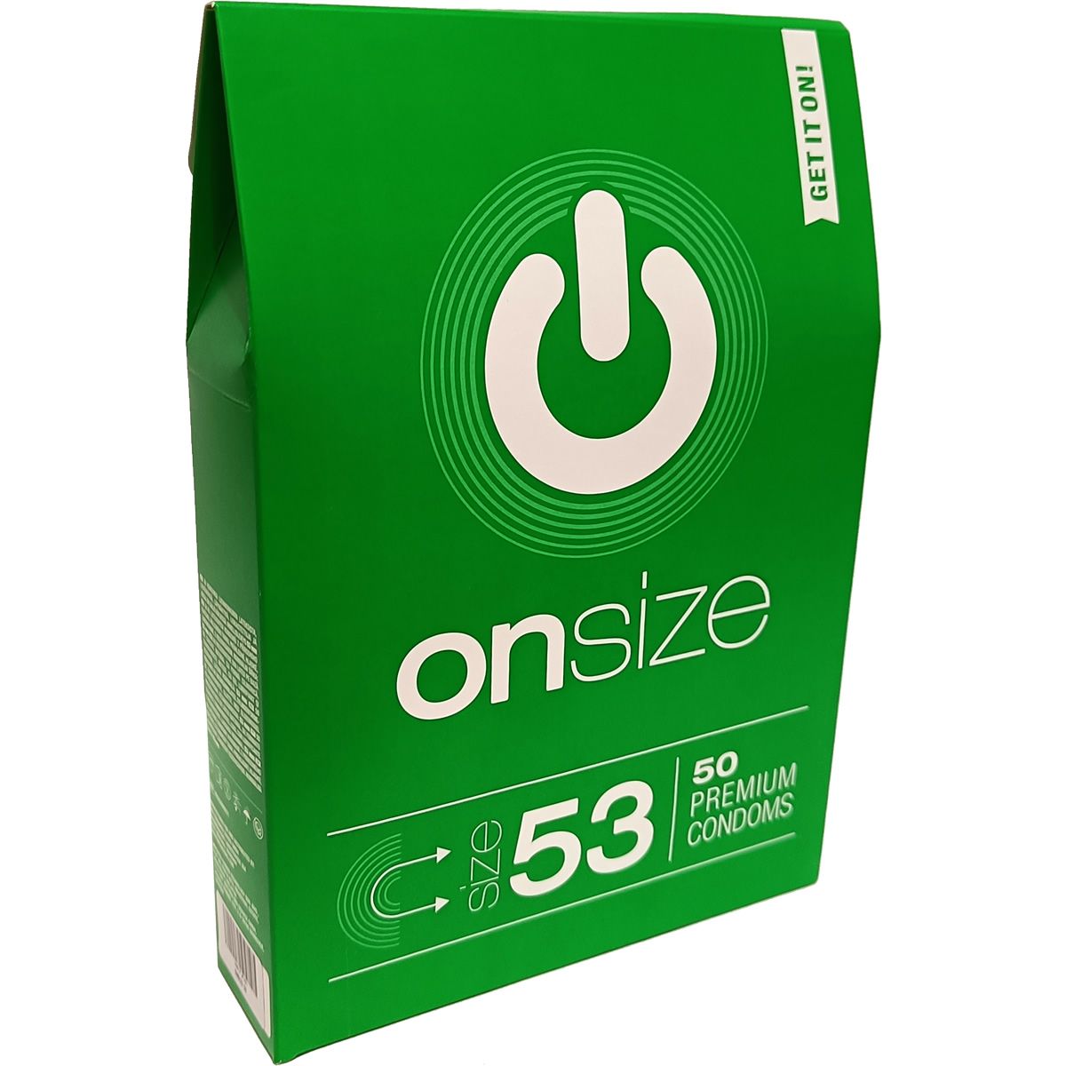 Grüne Verpackung mit weißem Logo und Schriftzug "onsize". Enthält "53" und "50 Premium Kondome". Aufschrift "GET IT ON!"