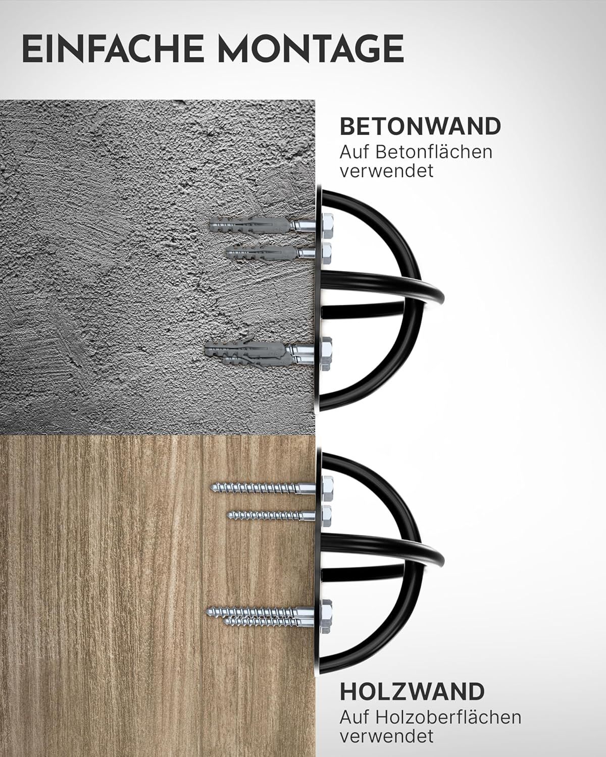 Zwei Montagebeispiele des Wandankers: an einer Betonwand und an einer Holzwand. Gezeigt werden die unterschiedlichen Befestigungsmethoden.