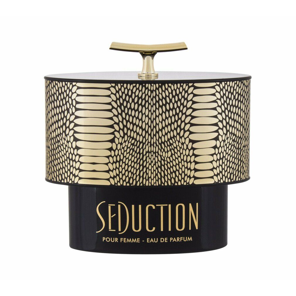 Parfümflakon mit goldfarbenem Deckel und Schlangenmuster. Schwarzer Sockel mit "Seduction"-Schriftzug. Eau de Parfum.