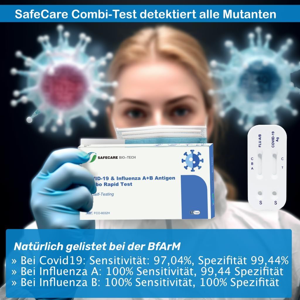 Safecare 3in1 Influenza A+B Covid-19 Antigen Combo Schnelltest + Gratis BLT Desinfektionsmittel 1 St