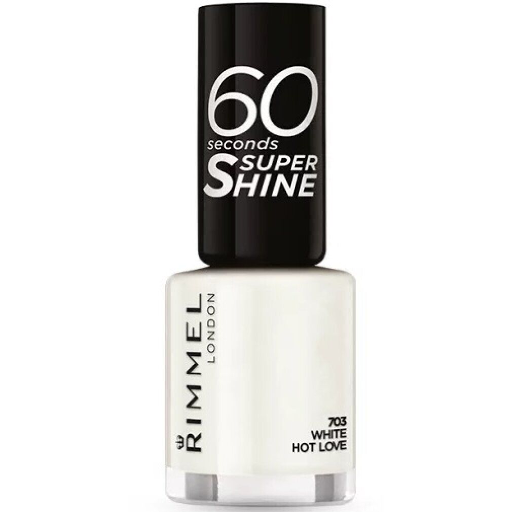 Weißer Nagellack mit schwarzem Deckel. Auf dem Deckel steht "60 seconds SUPER SHINE". Marke: Rimmel London. Farbcode: 703 White Hot Love.