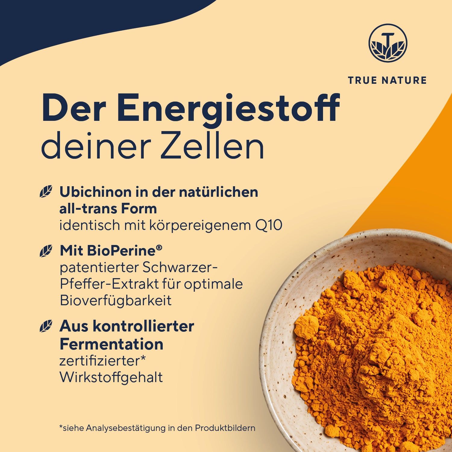Schüssel mit gelbem Pulver, daneben Text über Ubichinon, BioPerine und Fermentation.