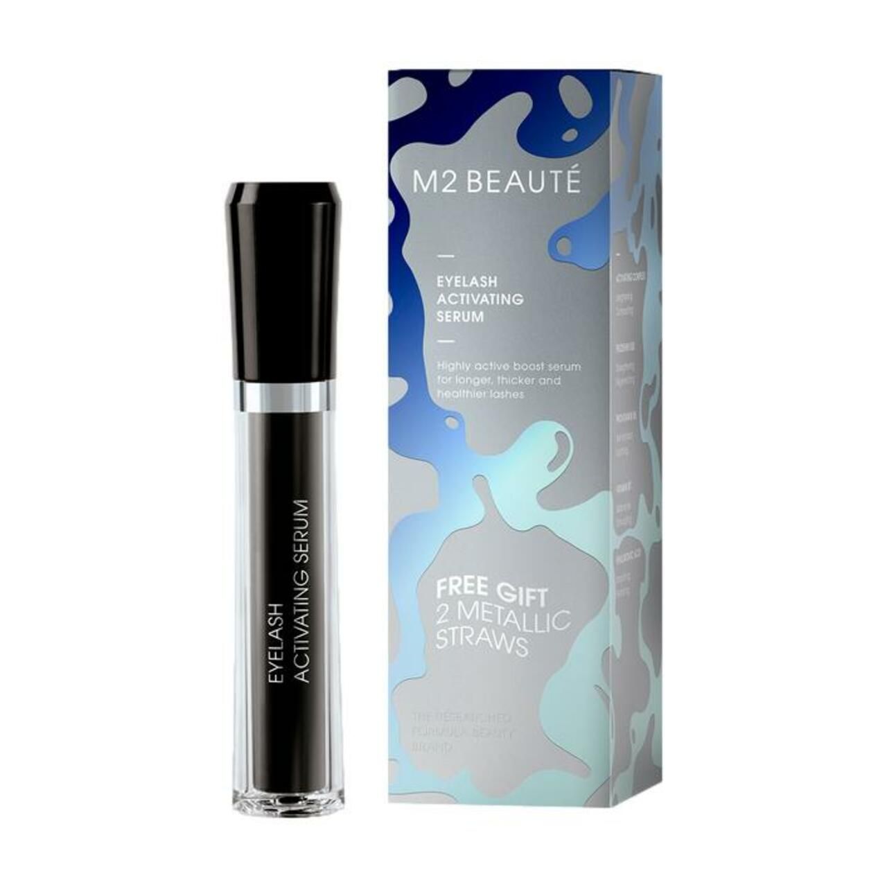M2 Beauté Eyelash Activating Serum und Verpackung. Schwarze Flasche mit Schriftzug. Geschenk: 2 Trinkhalme.