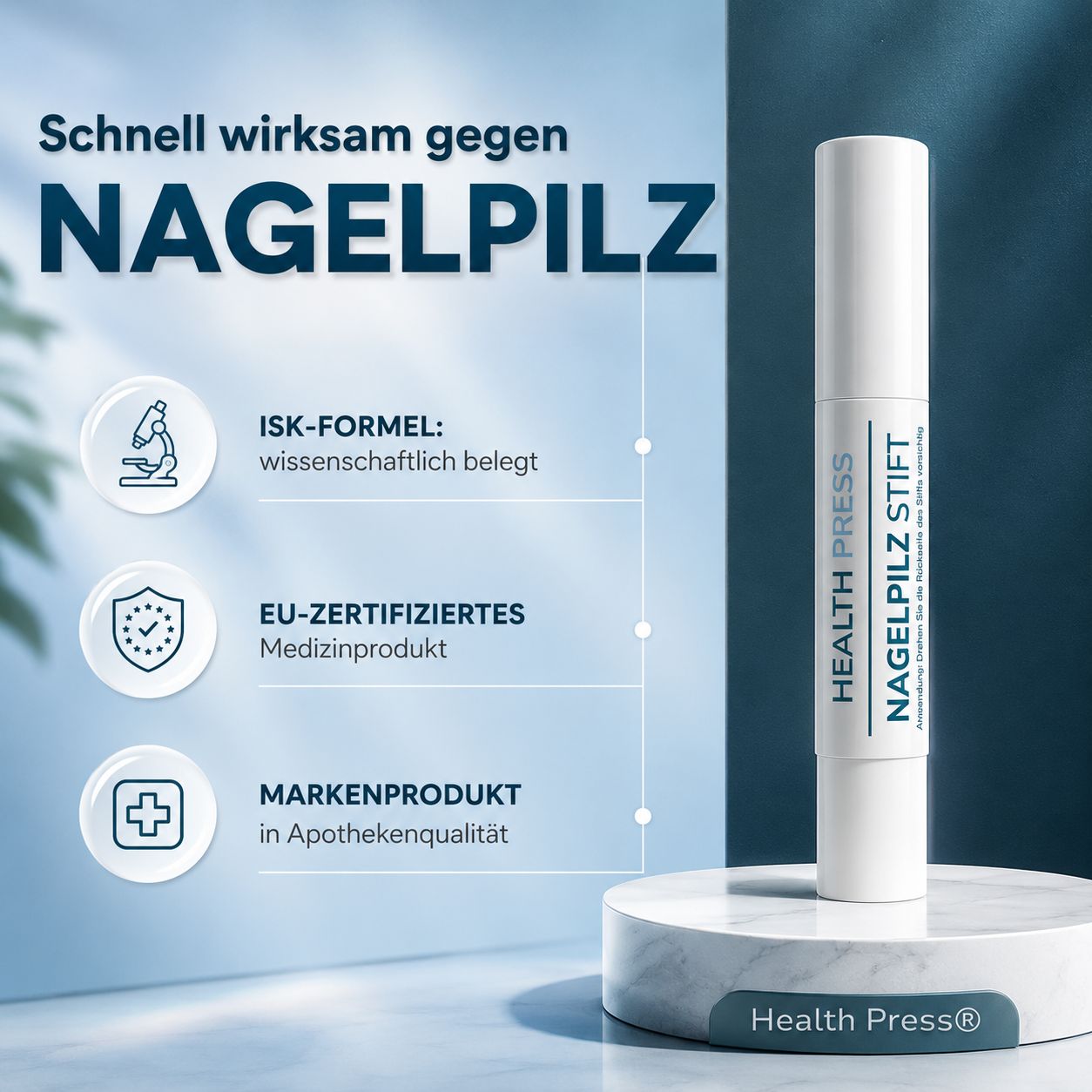 Stift mit Pinselspitze und Kappe. Text: Health Press Nagelpilz Stift. Symbole: EU-zertifiziertes Medizinprodukt, Apothekenqualität.