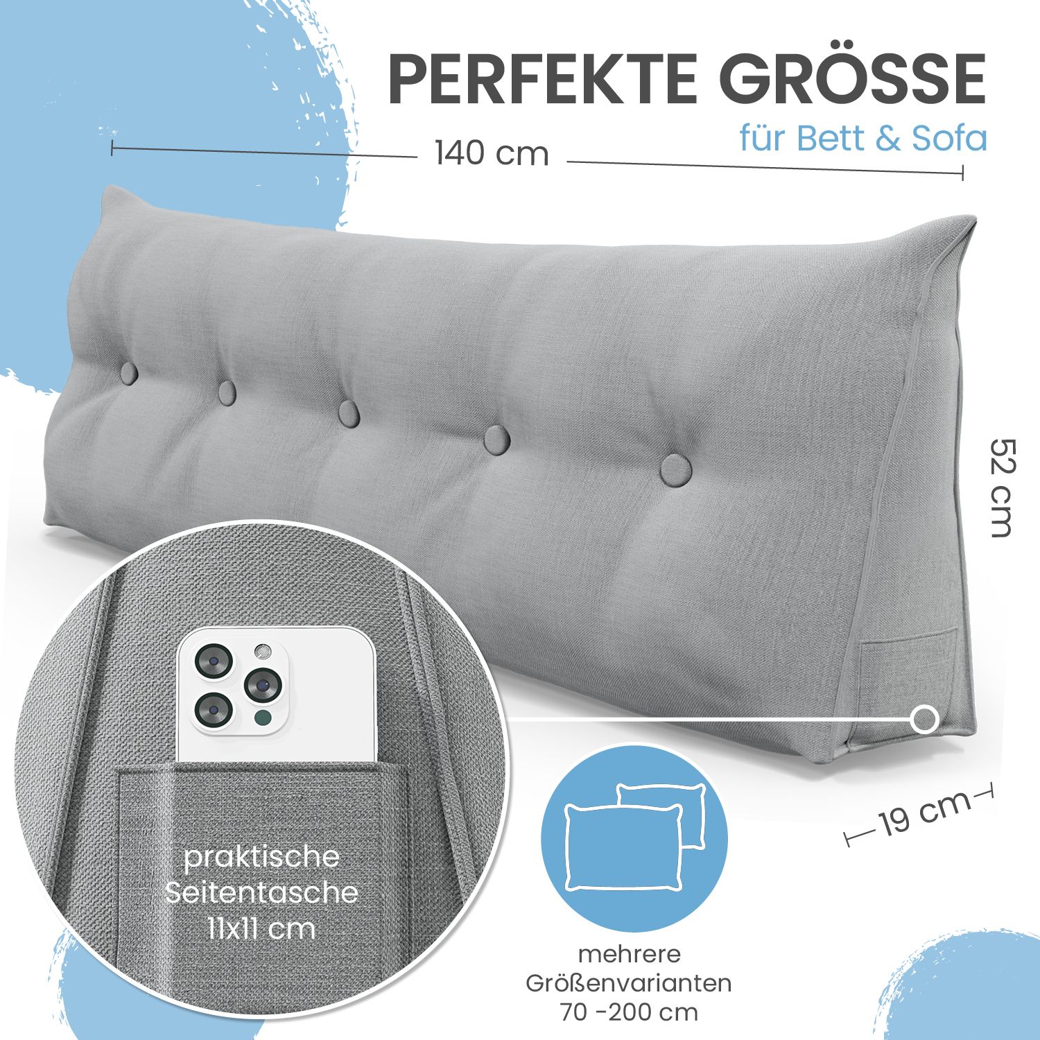 Graues Stützkissen mit Knöpfen. Maße: 140x52x19 cm.  Tasche für Smartphone. Text: "PERFEKTE GRÖSSE".