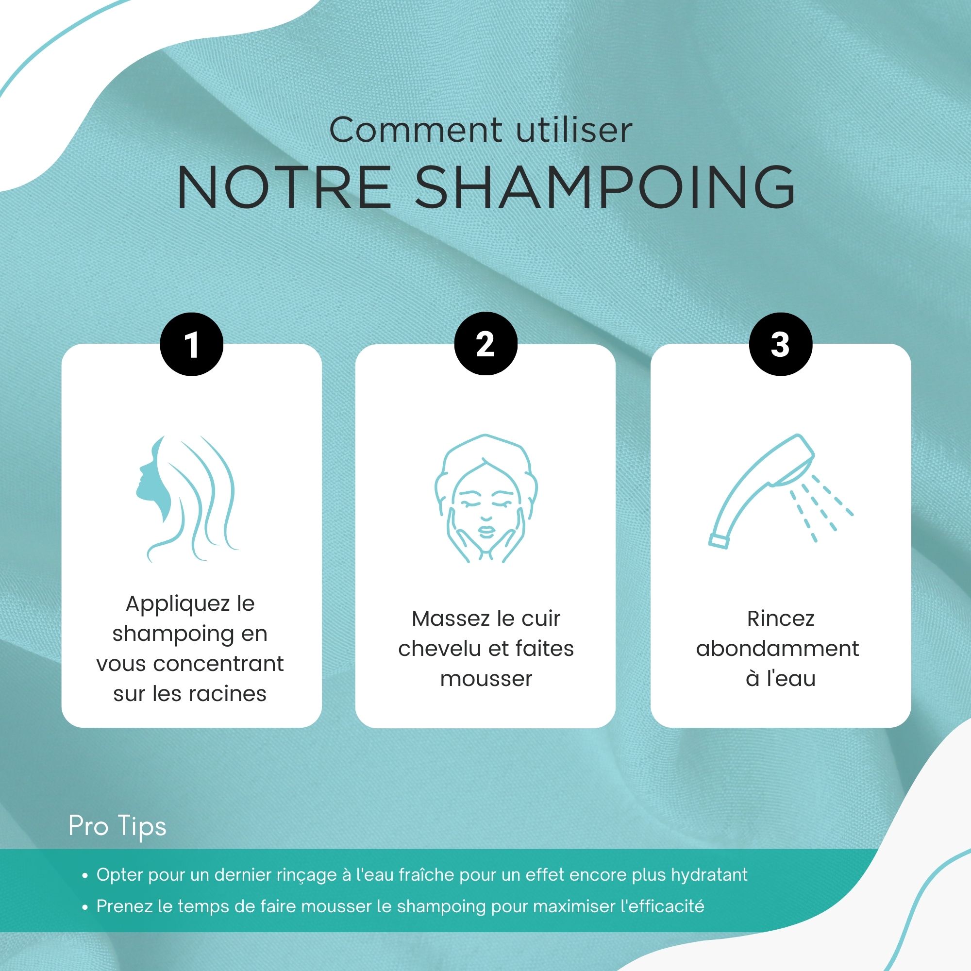 Texte : Comment utiliser notre shampooing. 3 étapes : Appliquer, masser, rincer. Conseils.
