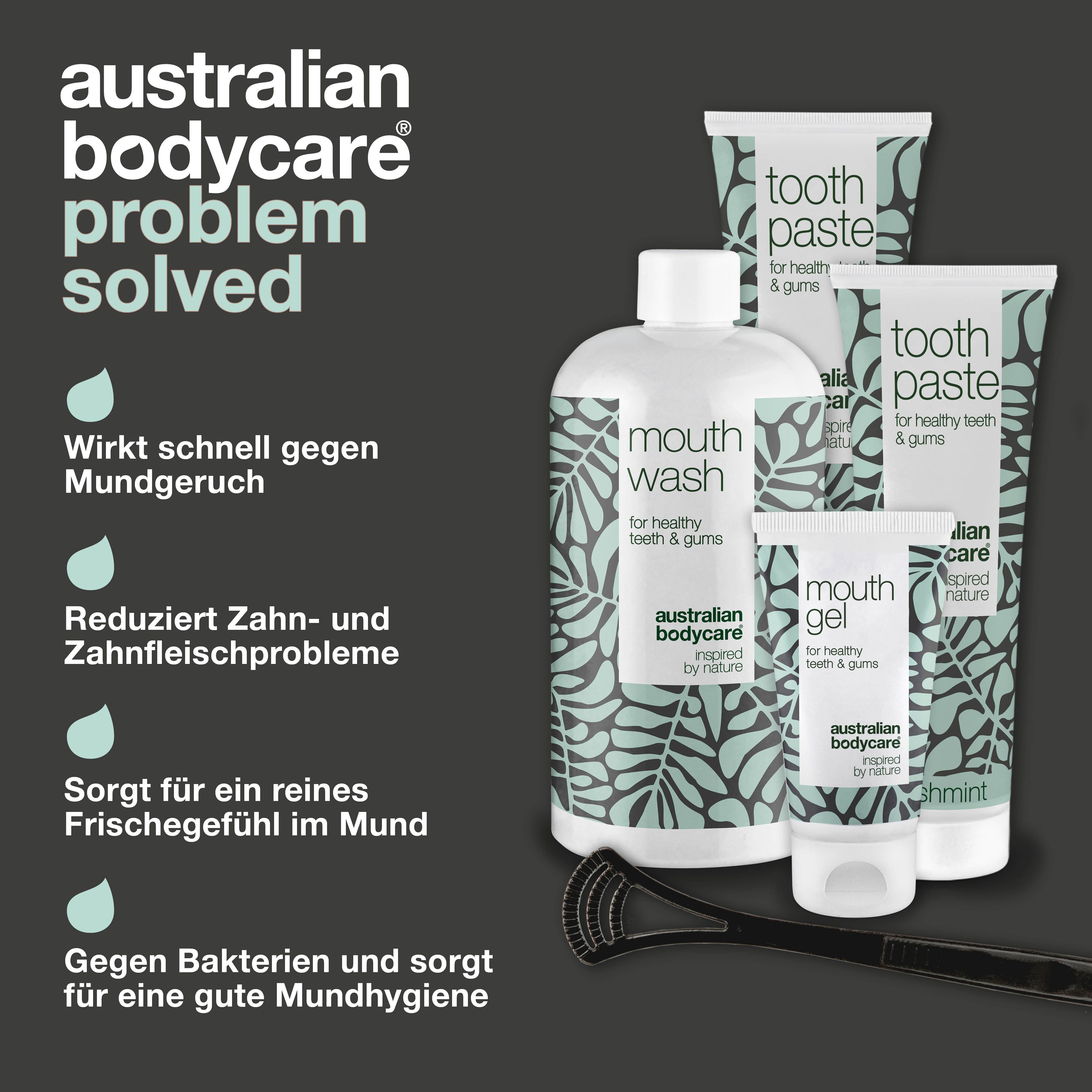 Bild zeigt ein Problem und eine Lösung. Problem: Mundgeruch. Lösung: Mundpflege-Set von Australian Bodycare.