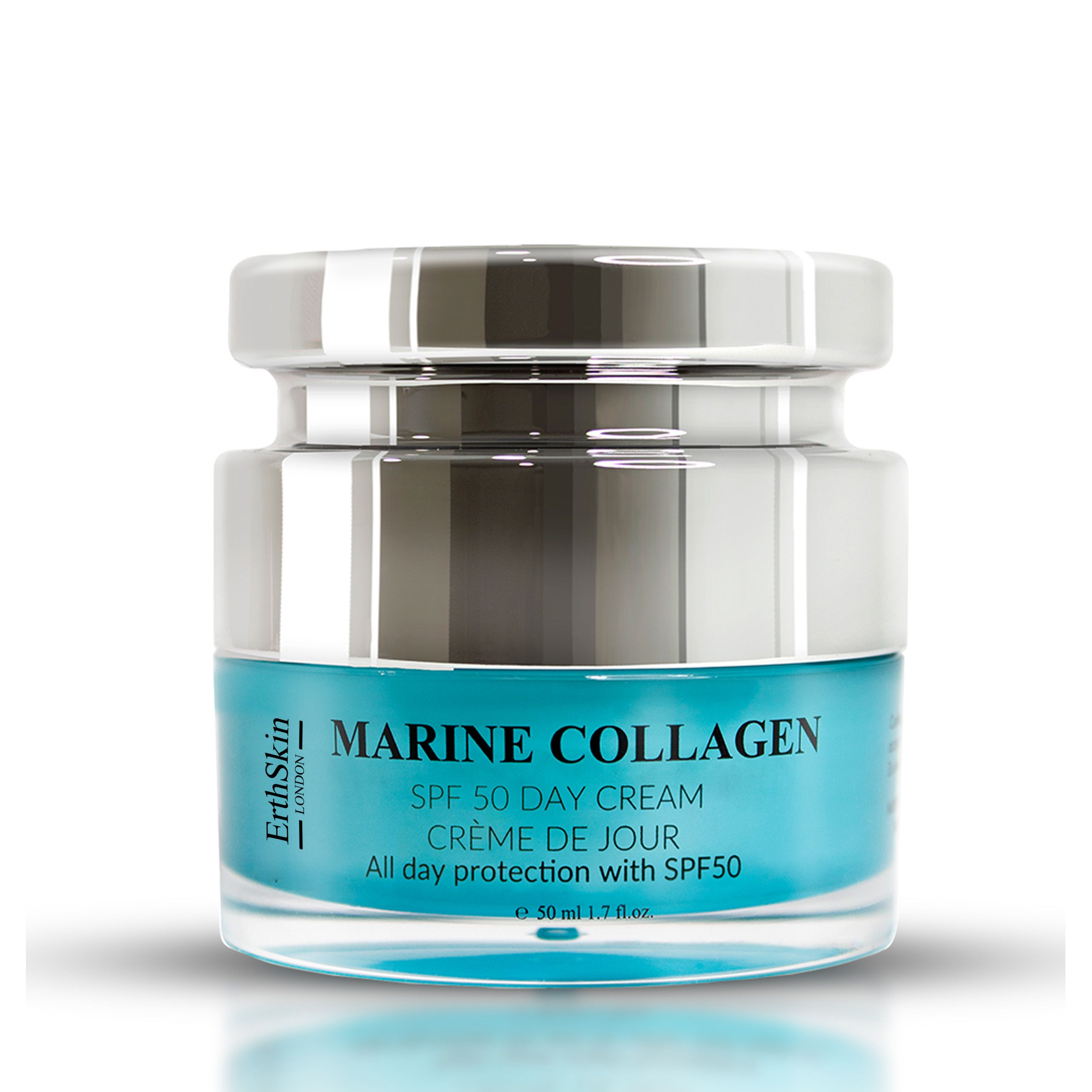 Marine Collagen SPF50 Tagescreme. Glasbehälter. Text: Marine Collagen, SPF 50, Crème de Jour, All day protection with SPF50.