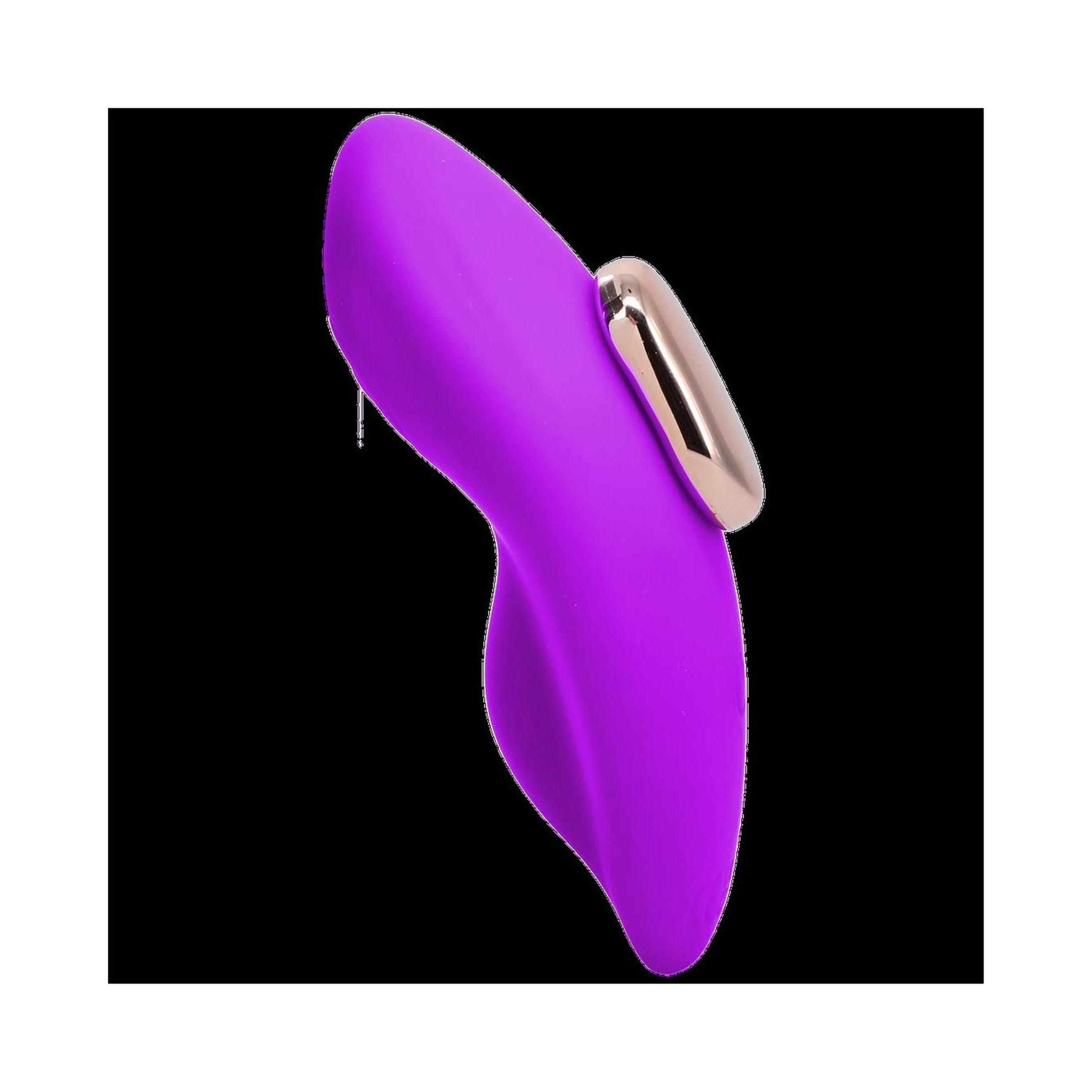 Lila Vibrator mit goldfarbenem Akzent. Geschwungene Form. Aus Silikon. Detailansicht.