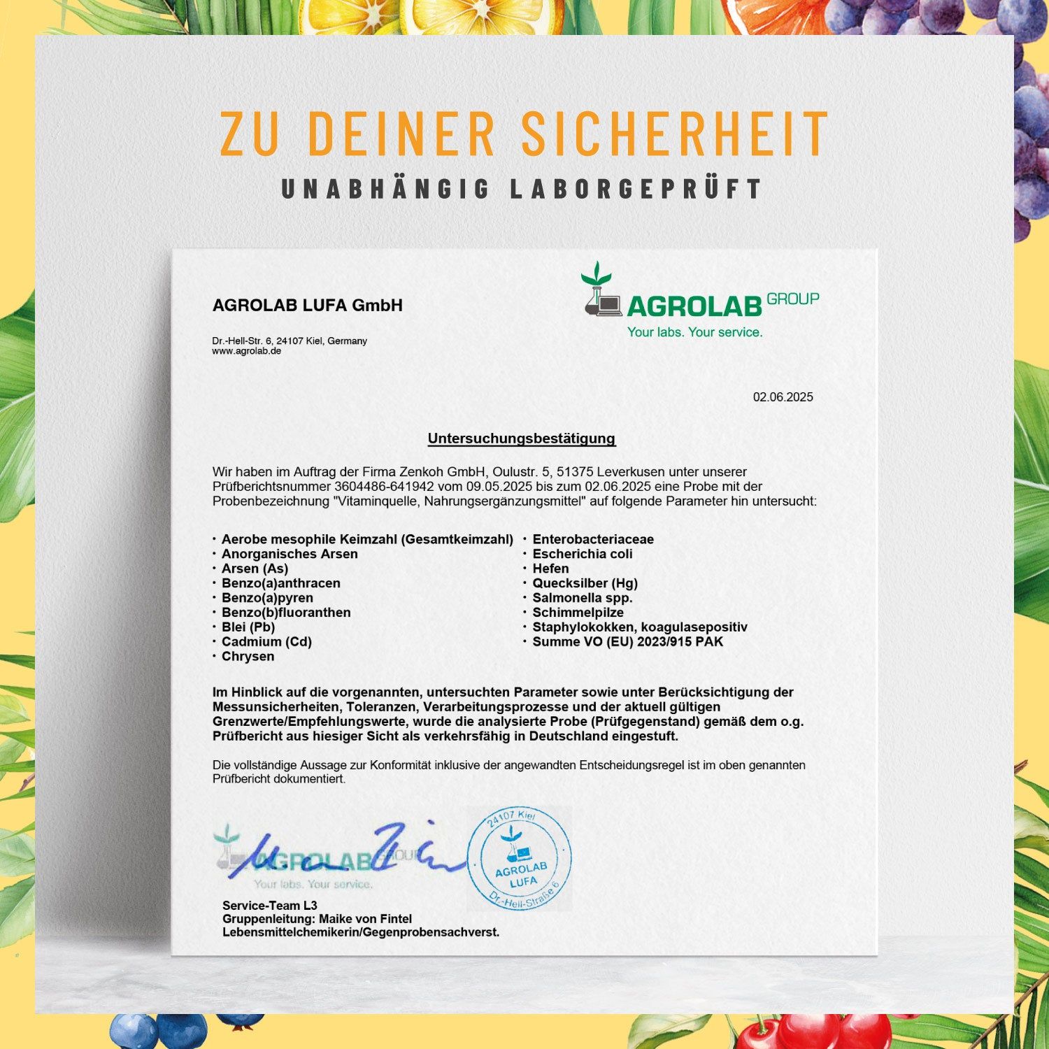 Zertifikat von Agrolab LUFA GmbH. Text: 'Zu Deiner Sicherheit. Unabhängig laborgeprüft'.