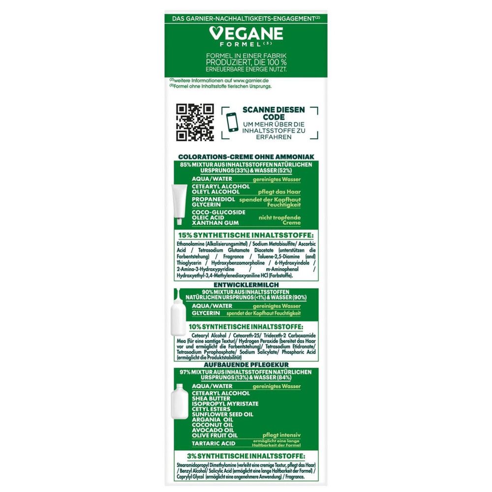 Seite der Haarfarben-Packung. Vegan-Formel. Inhaltsstoffe der Colorations-Creme und Entwicklermilch. QR-Code zum Scannen.