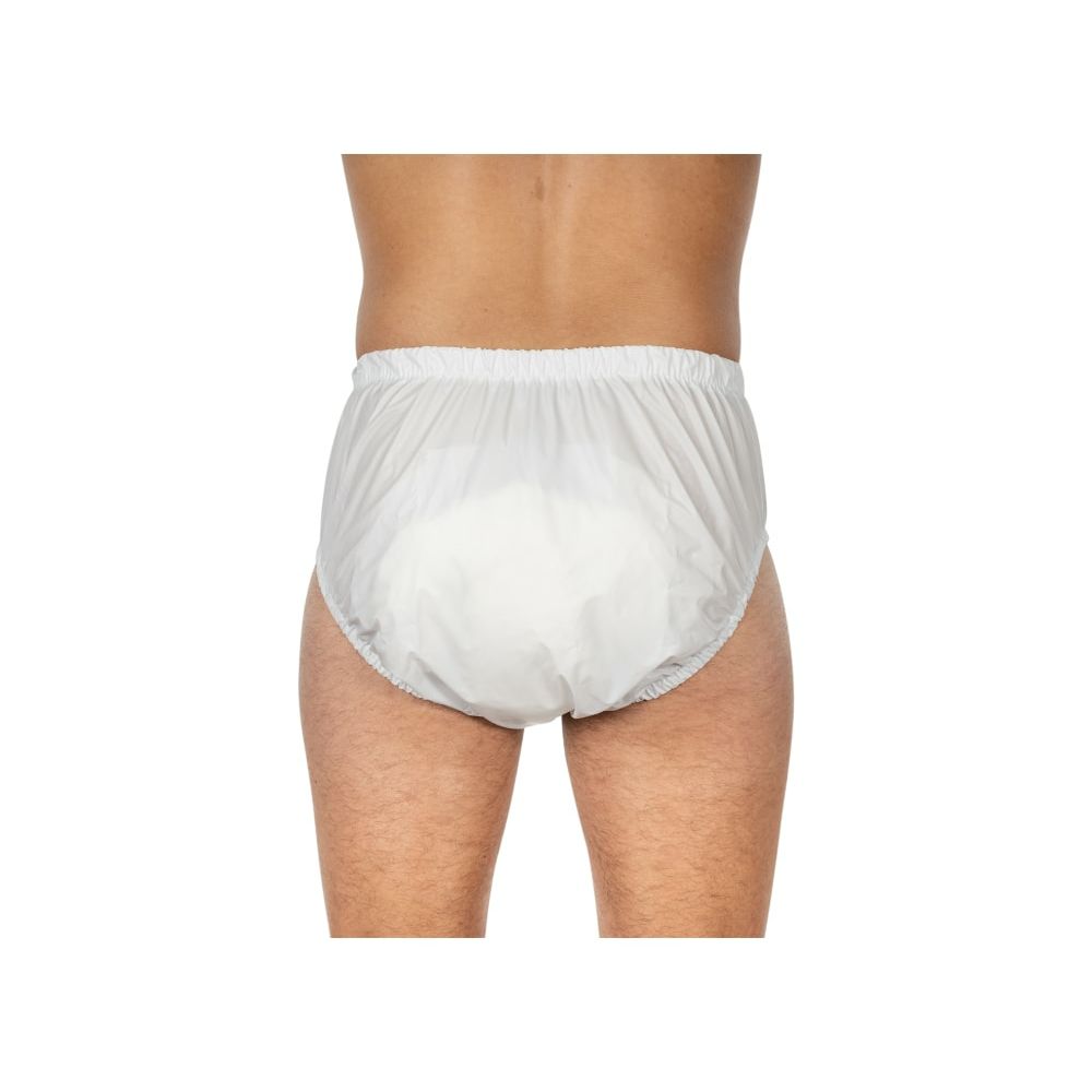 Weiße, kurze Unterhose mit elastischem Bund und Beinabschlüssen. Rückansicht.