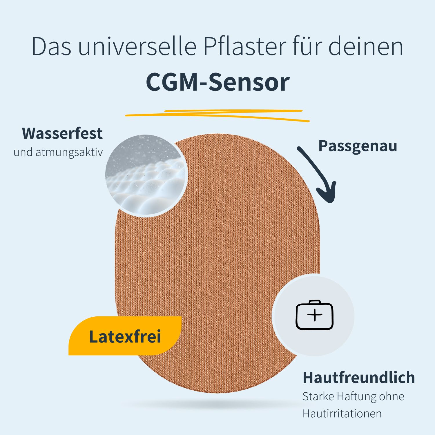 Beige Pflaster für CGM-Sensor. Wasserfest, atmungsaktiv, hautfreundlich, latexfrei. Starke Haftung ohne Hautreizungen.