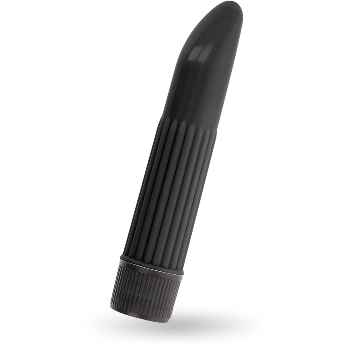 Schwarzer Minivibrator mit geriffelter Oberfläche und konischer Spitze.