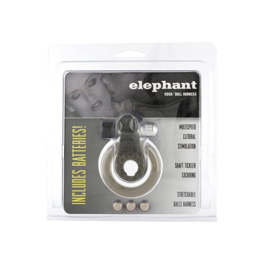 Transparentes Cock & Ball Ring Elephant in Blisterverpackung. Enthält Batterien. Produktname und Eigenschaften auf der Verpackung.