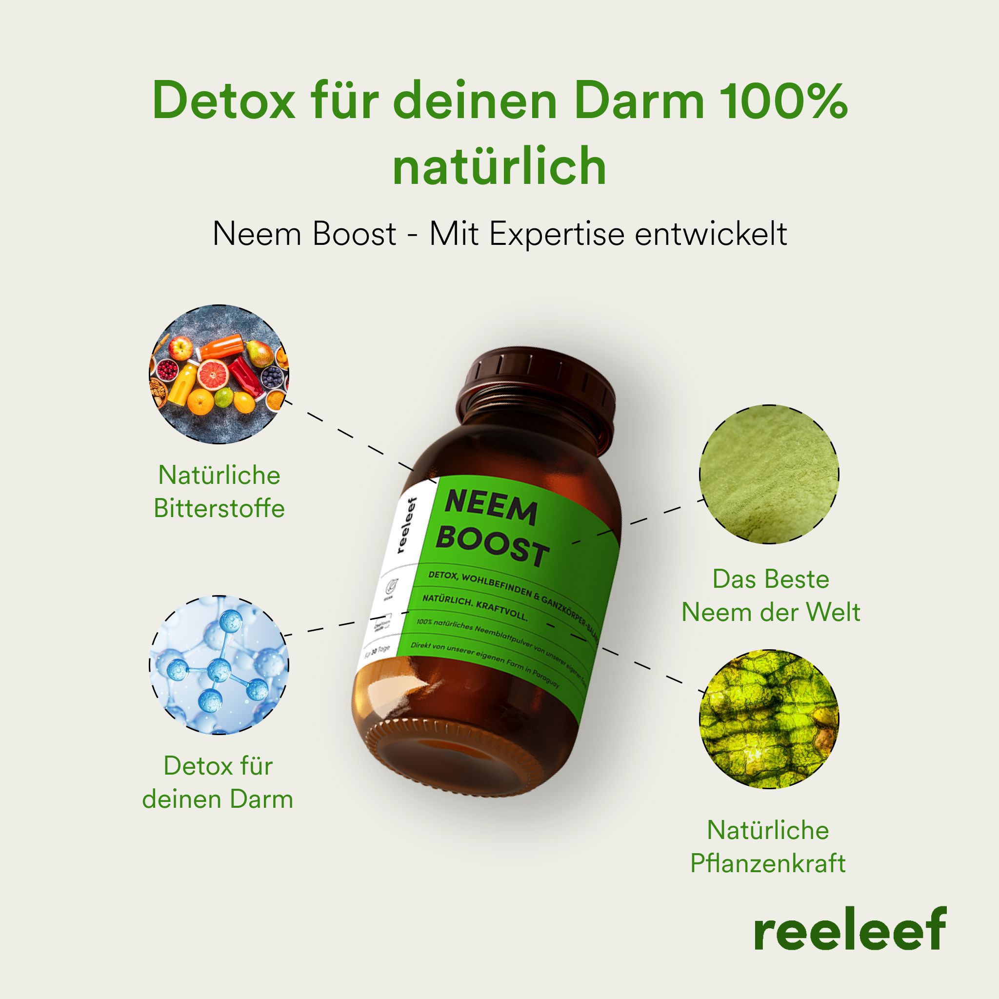 Flasche mit grünem Etikett, Aufschrift: NEEM BOOST. Diagramm mit Icons und Text. Marke: reeleef.