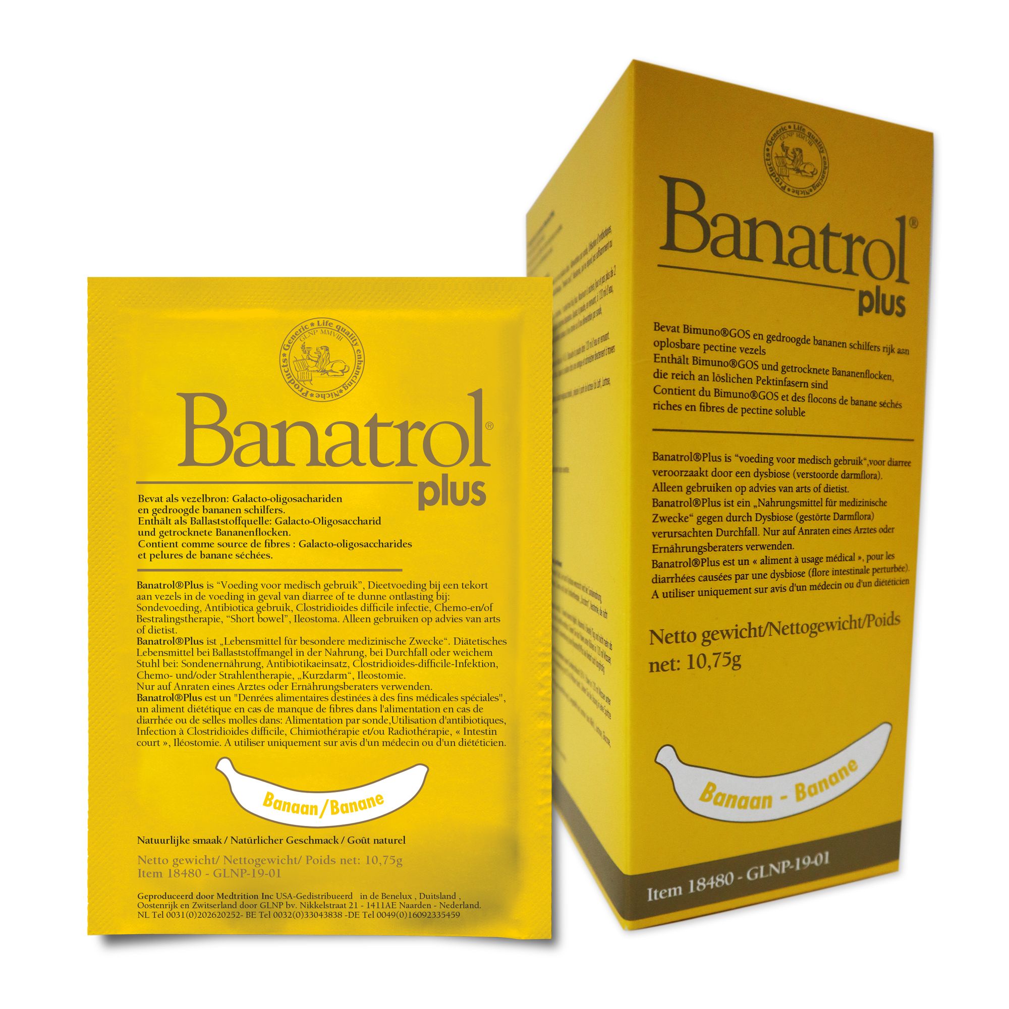Gelbe Schachtel und Beutel mit Produktnamen 'Banatrol plus'. Banane-Illustration. Text in mehreren Sprachen.