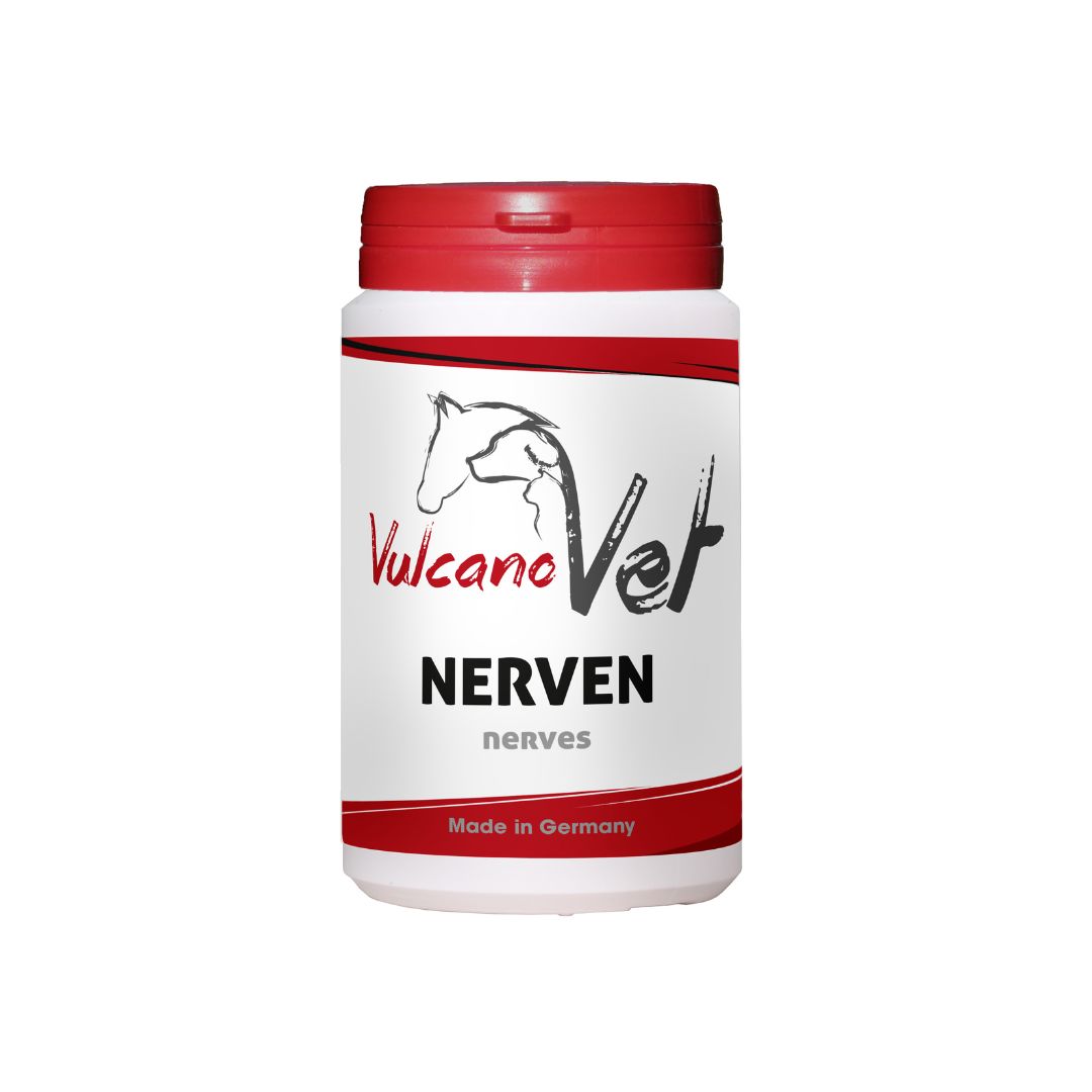 Weiß-rote Dose mit Aufschrift 'Nerven'. Logo mit Pferd und Hund. Text: 'Made in Germany'.