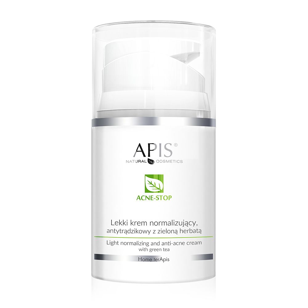 Weiße Creme-Flasche mit Pumpverschluss. Aufschrift: APIS, ACNE-STOP, Creme mit grünem Tee. Grün-weißes Etikett.