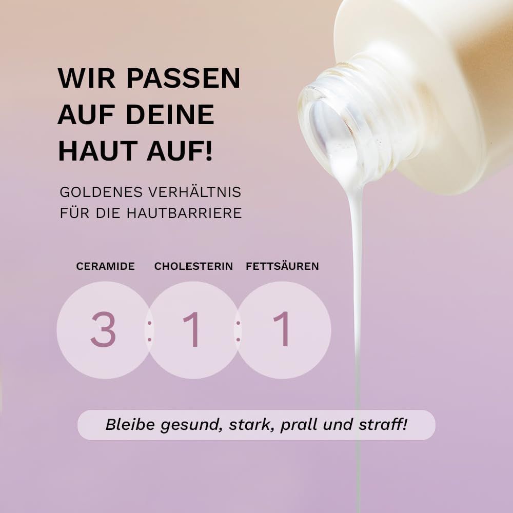 Text über Hautbarriere. Verhältnis 3:1:1. Produktflasche im Hintergrund, Flüssigkeit fließt.