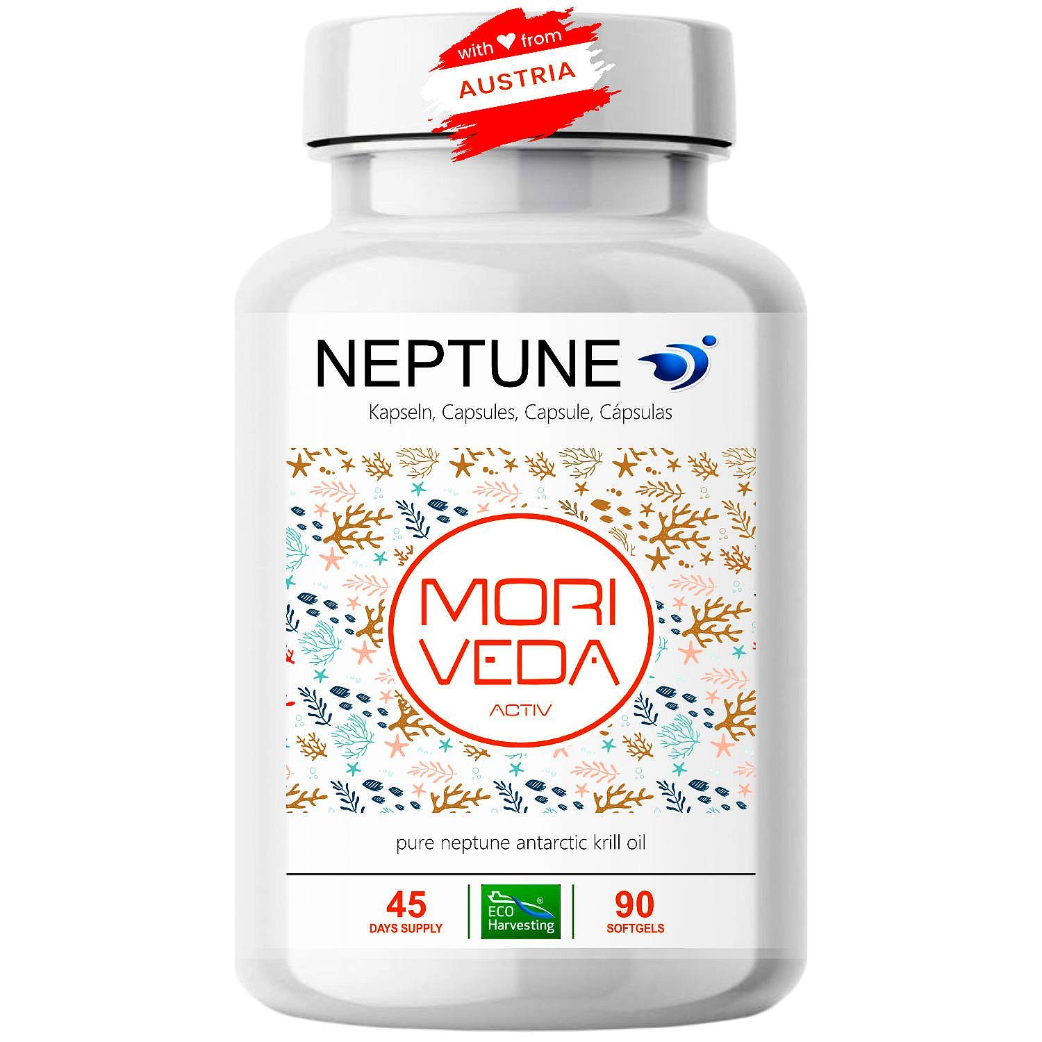 Weiße Flasche mit Kapseln. Aufschrift: Neptune, Moriveda Activ. 45 Tagesdosen, 90 Softgels. Mit Austria-Siegel.