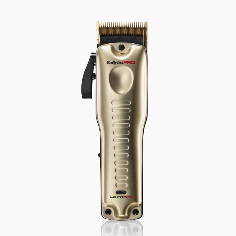 Goldene Haarschneidemaschine mit schwarzem Hebel und Griff. Marke: BaBylissPRO. Modell: LO-PROFX.