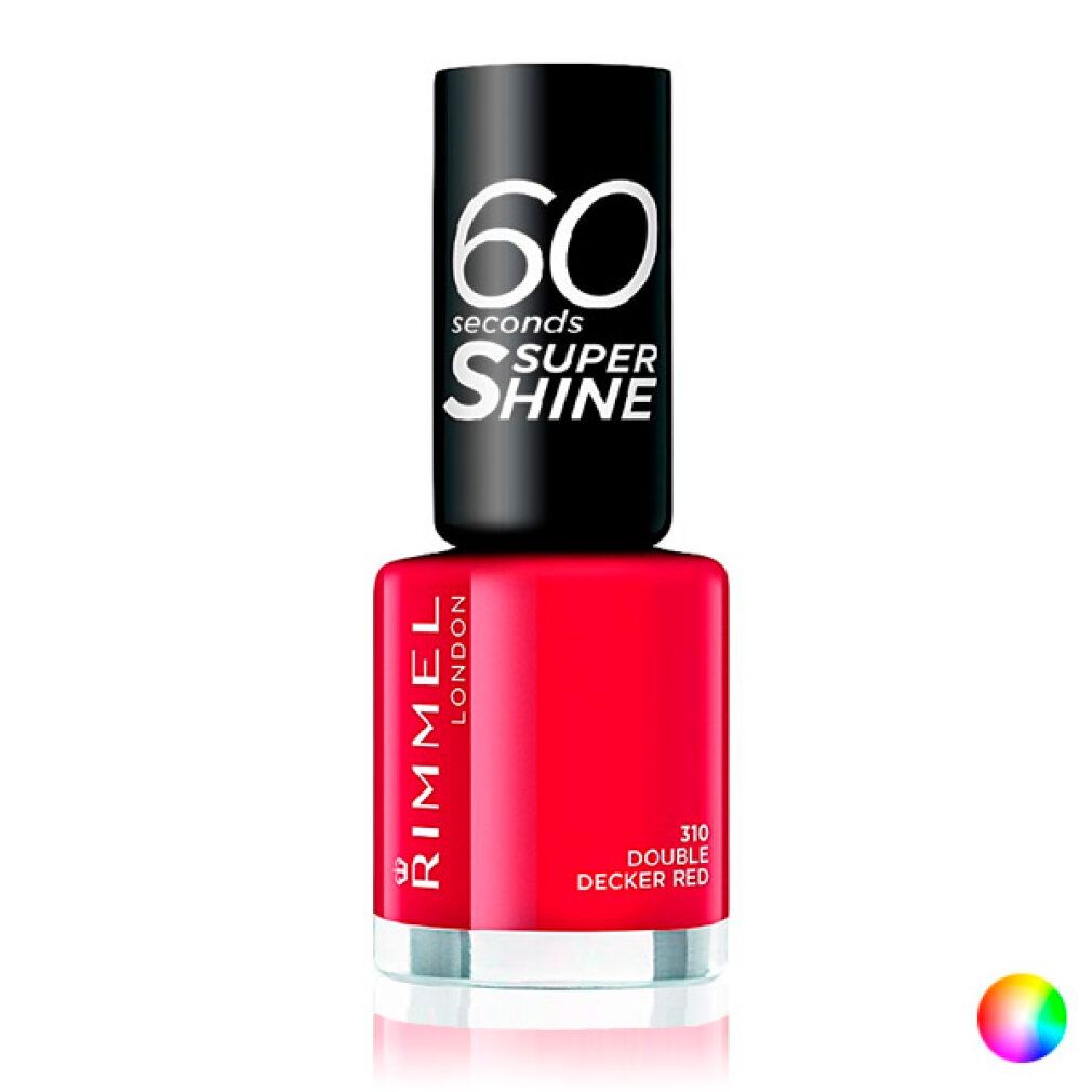 Nagellackflasche mit rotem Lack. Schwarzer Deckel mit weißer Schrift: 60 seconds SUPER SHINE. Marke Rimmel London. Farbnummer 310.