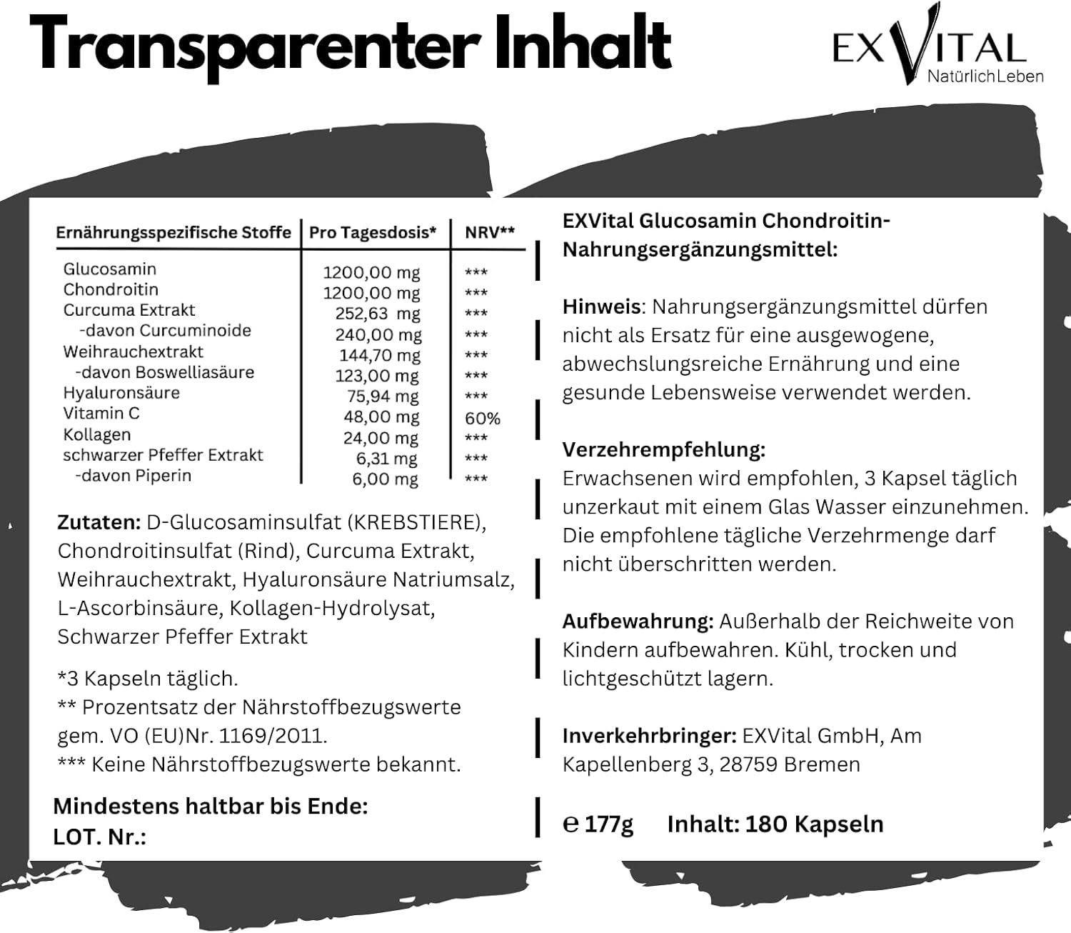 Tabelle mit Nährwertangaben für EXVital Glucosamin Chondroitin. Enthält Informationen zu Inhaltsstoffen, Dosierung und Verzehrempfehlung.