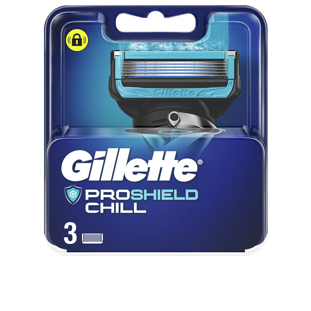 Gillette Proshield Chill Rasierklingen-Nachfüllpackung. Blaue und schwarze Verpackung mit 3 Klingen. Marke und Produktbezeichnung deutlich sichtbar.