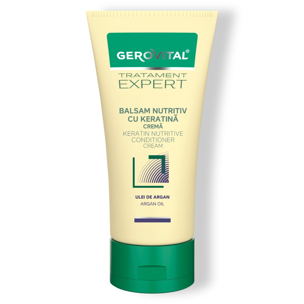 Creme-Tube mit grünem Deckel. Beschriftung: Gerovital, Tratament Expert, Balsam Nutritiv cu Cheratina, Ulei de Argan.
