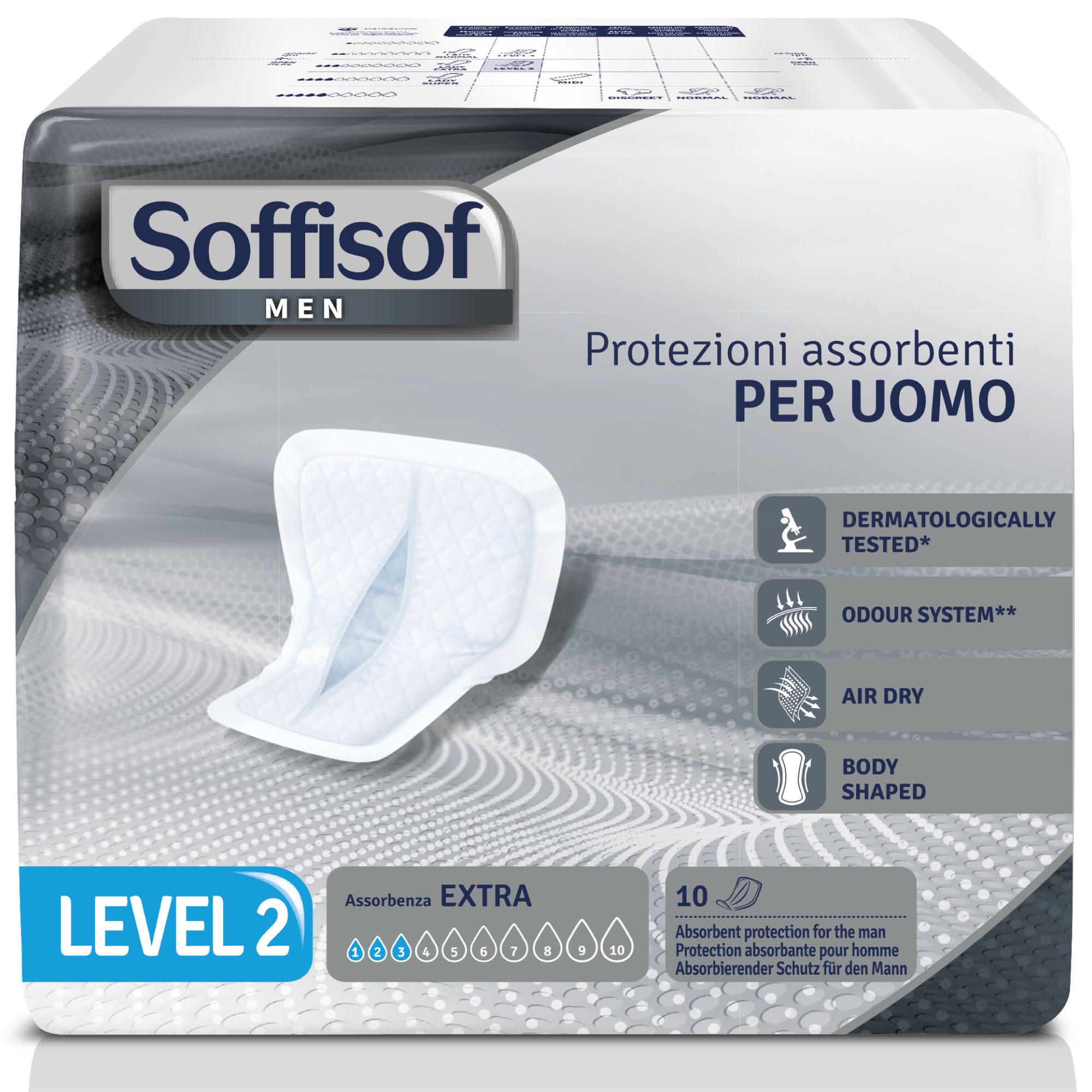 Verpakking Soffisof Men Level 2. 10 stuks. Extra absorptie. Dermatologisch getest. Geurcontrole.