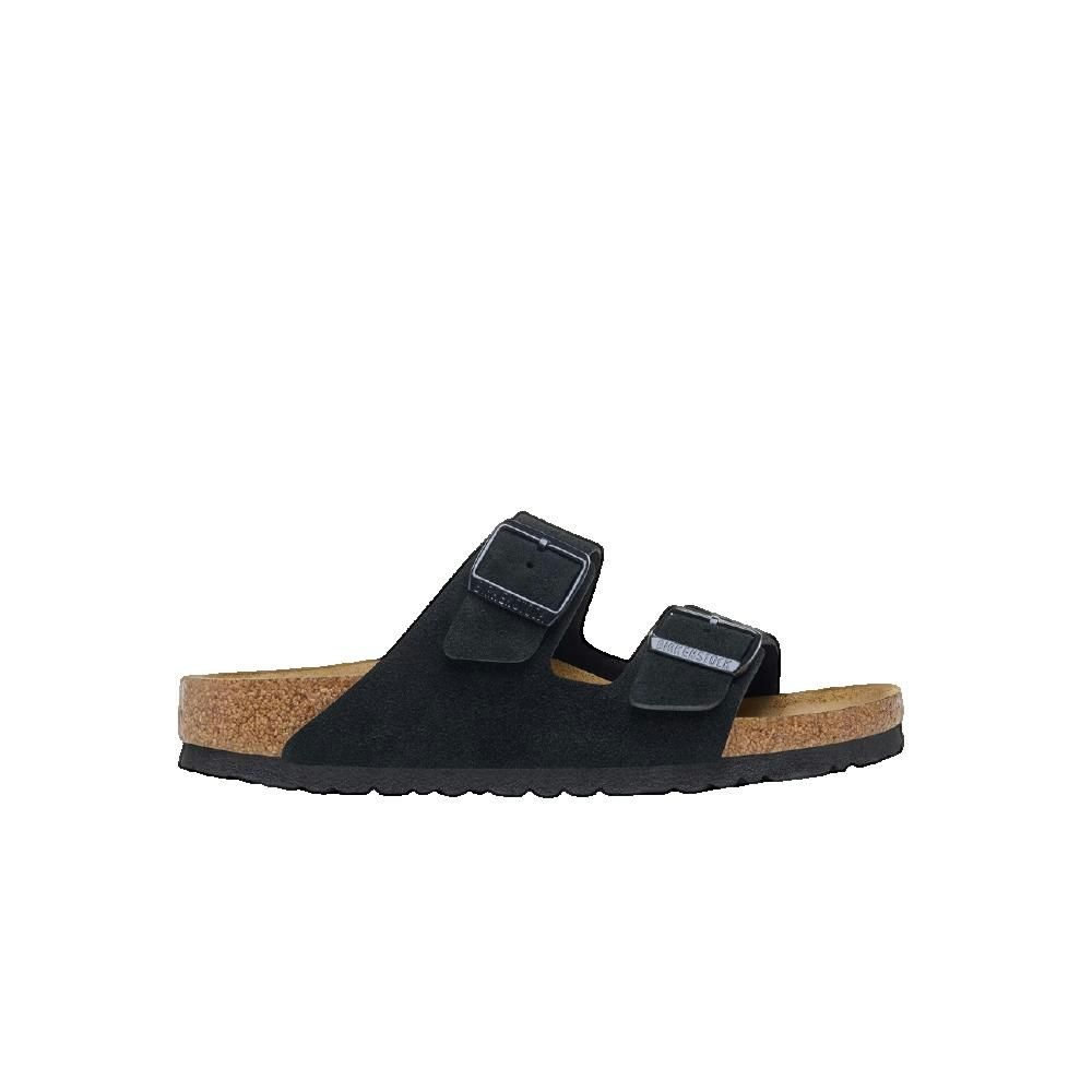 Sandalo Birkenstock nero con due cinturini e fibbie. Plantare in sughero, tomaia nera.