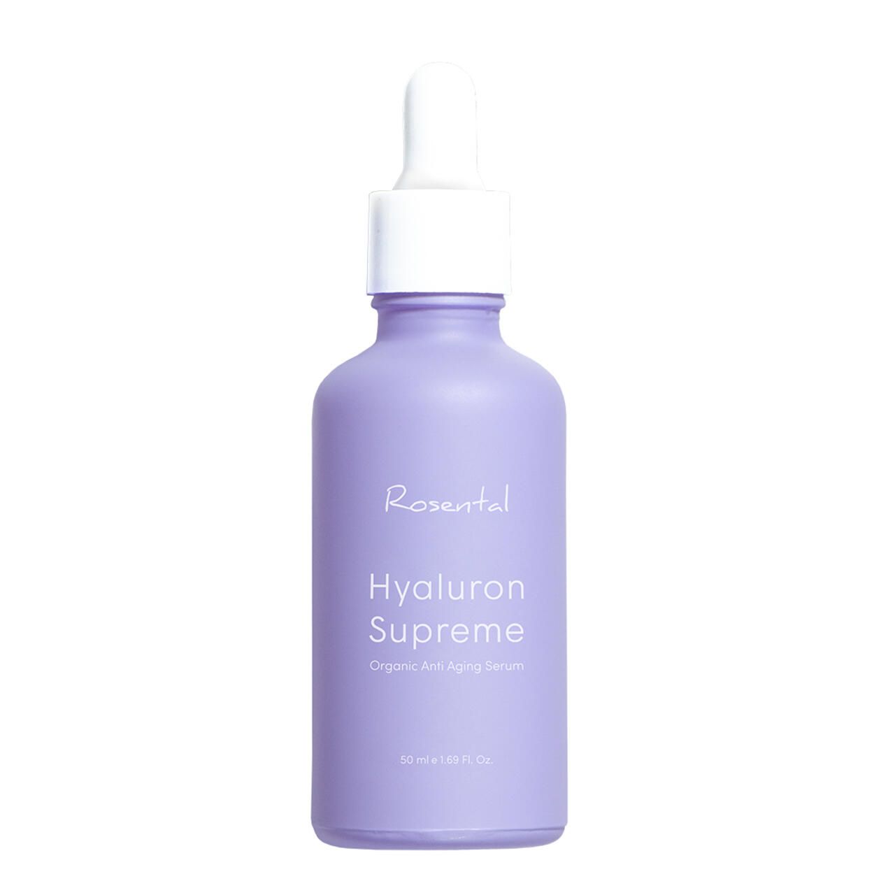 Lila Serumflasche mit weißem Deckel. Aufschrift: Rosental, Hyaluron Supreme, Organic Anti-Aging Serum.