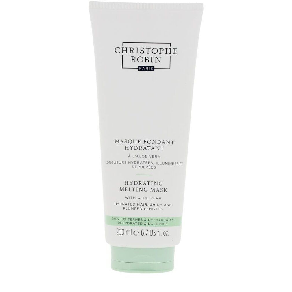 Weiße Tube mit grünem Verschluss. Text: Christophe Robin, Masque Fondant Hydratant, Hydrating Melting Mask, mit Aloe Vera. 200 ml.