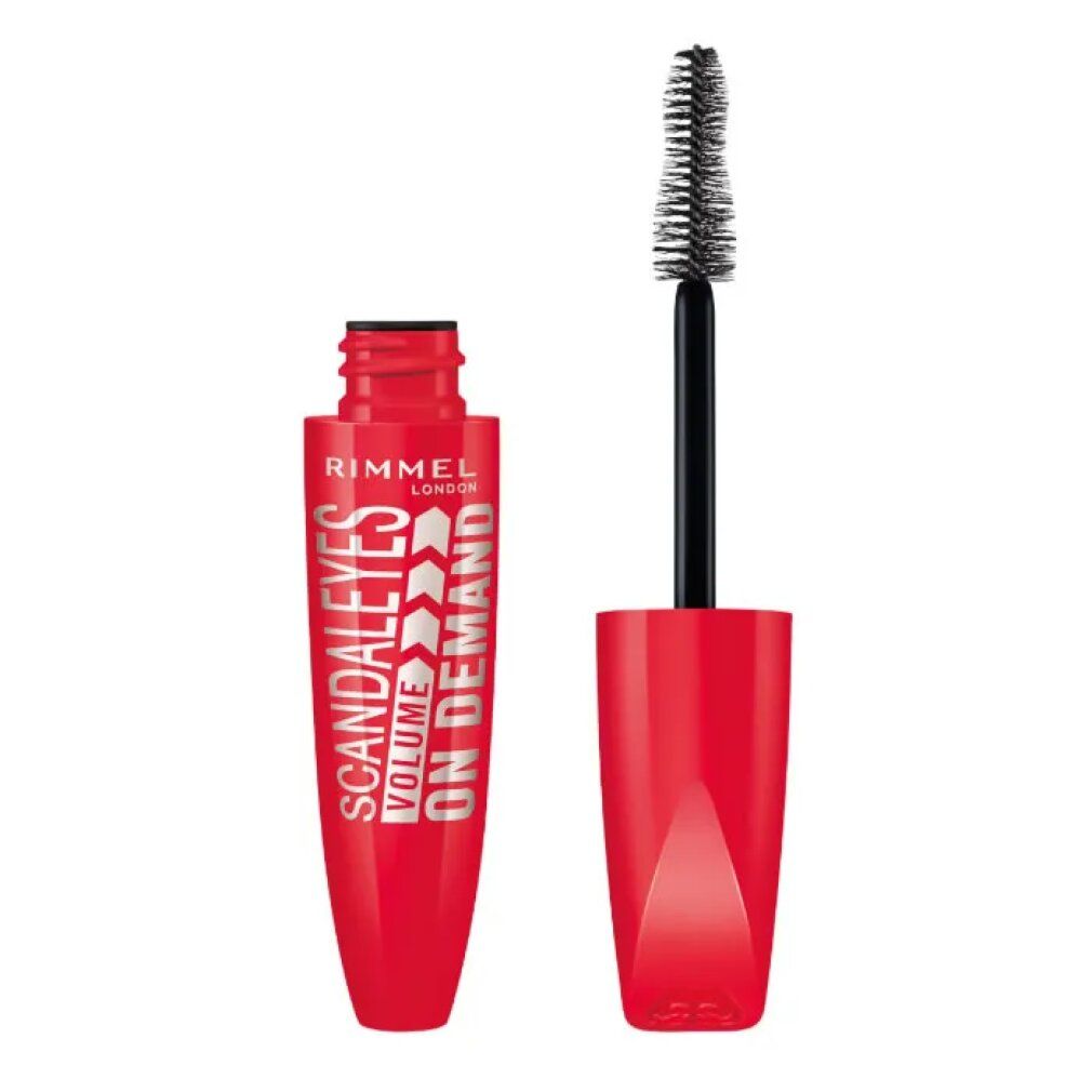 Geöffnete rote Mascarahülse mit Bürste. Aufschrift: Scandaleyes Volume On Demand. Marke: Rimmel London.