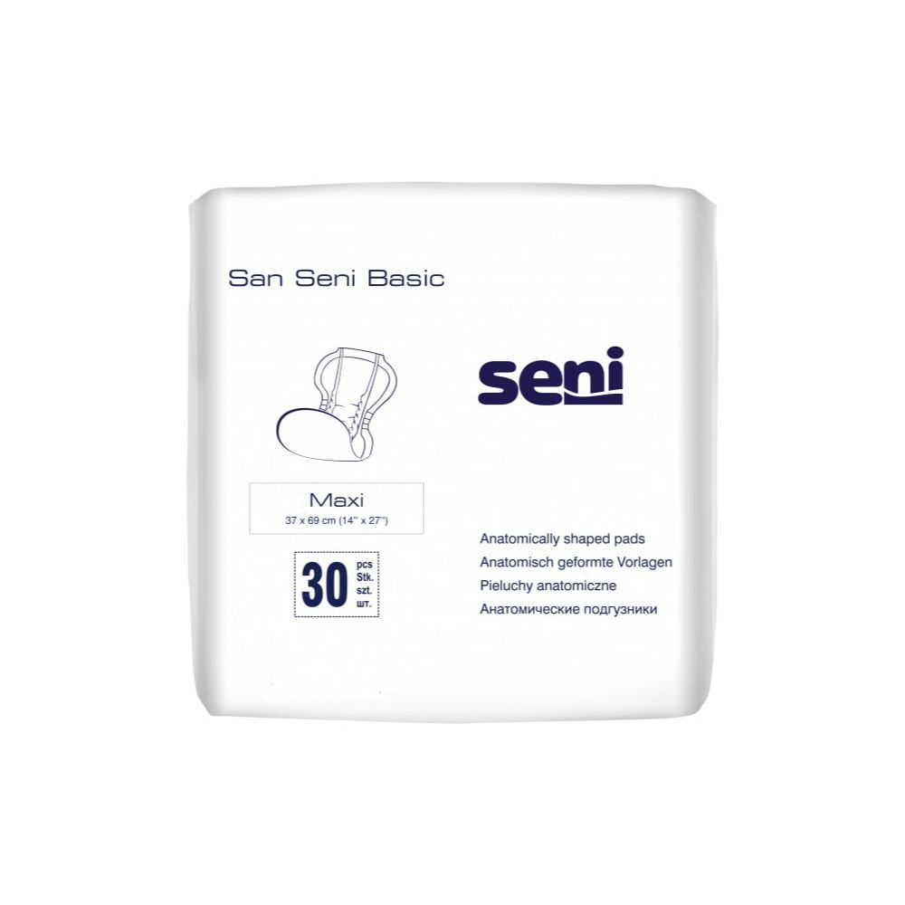 Weiße Verpackung mit San Seni Basic Maxi. Anatomisch geformte Vorlagen, 30 Stück. Seni-Logo.