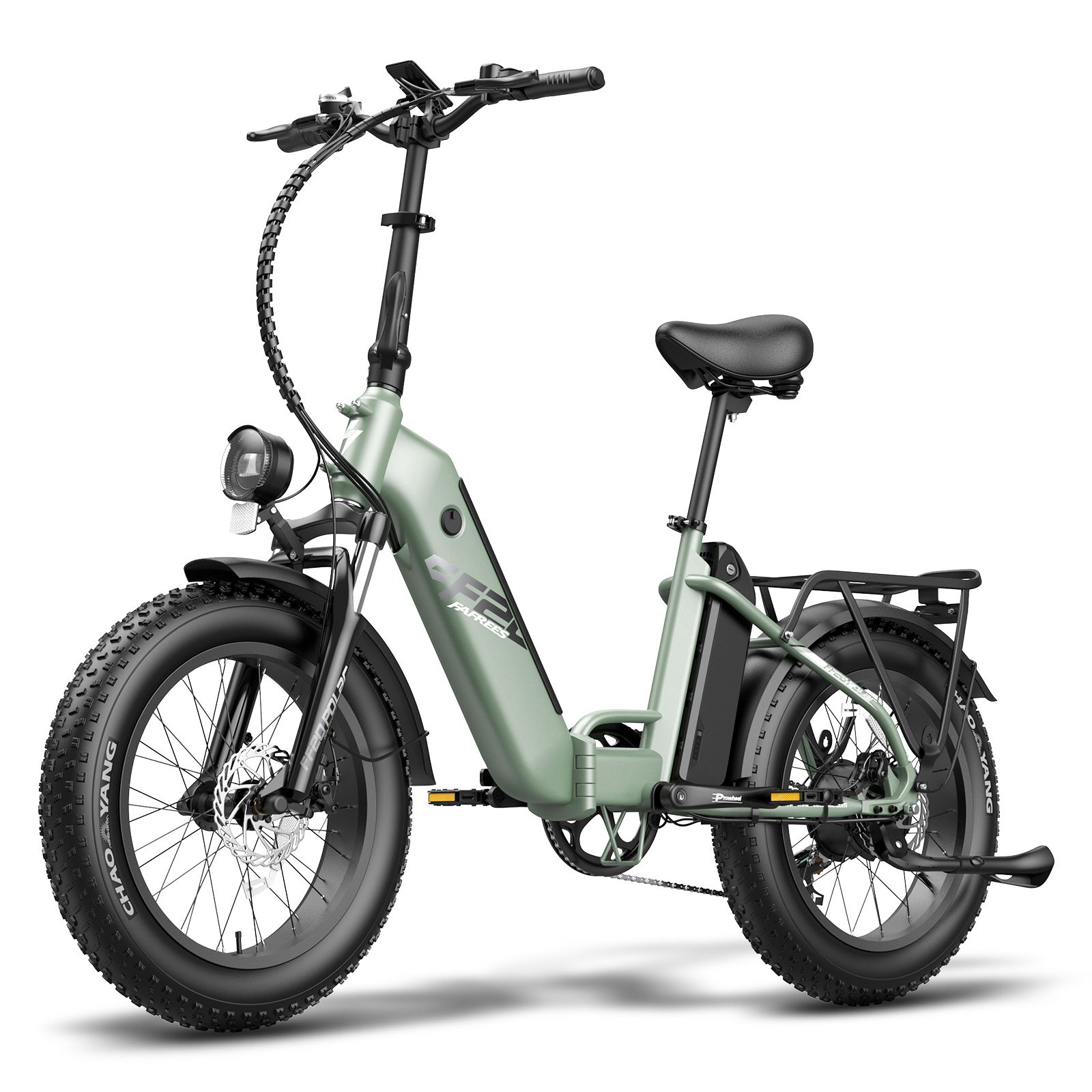 Hellgrünes, zusammenklappbares E-Bike. Schwarze Reifen, Sattel und Gepäckträger. Frontscheinwerfer und Akku.