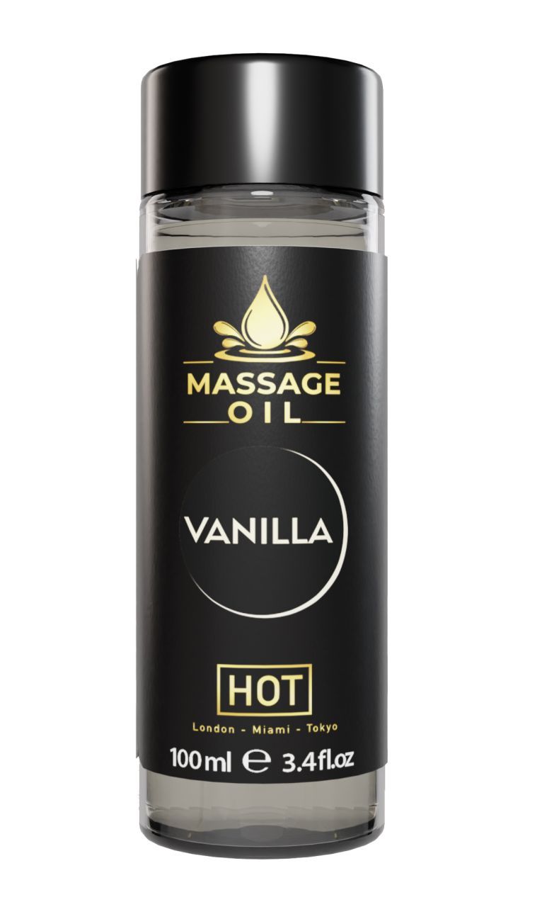 Zylindrische Flasche mit schwarzem Deckel. Aufschrift: Massage Oil Vanilla. Unter dem Namen: HOT. Volumen: 100ml.