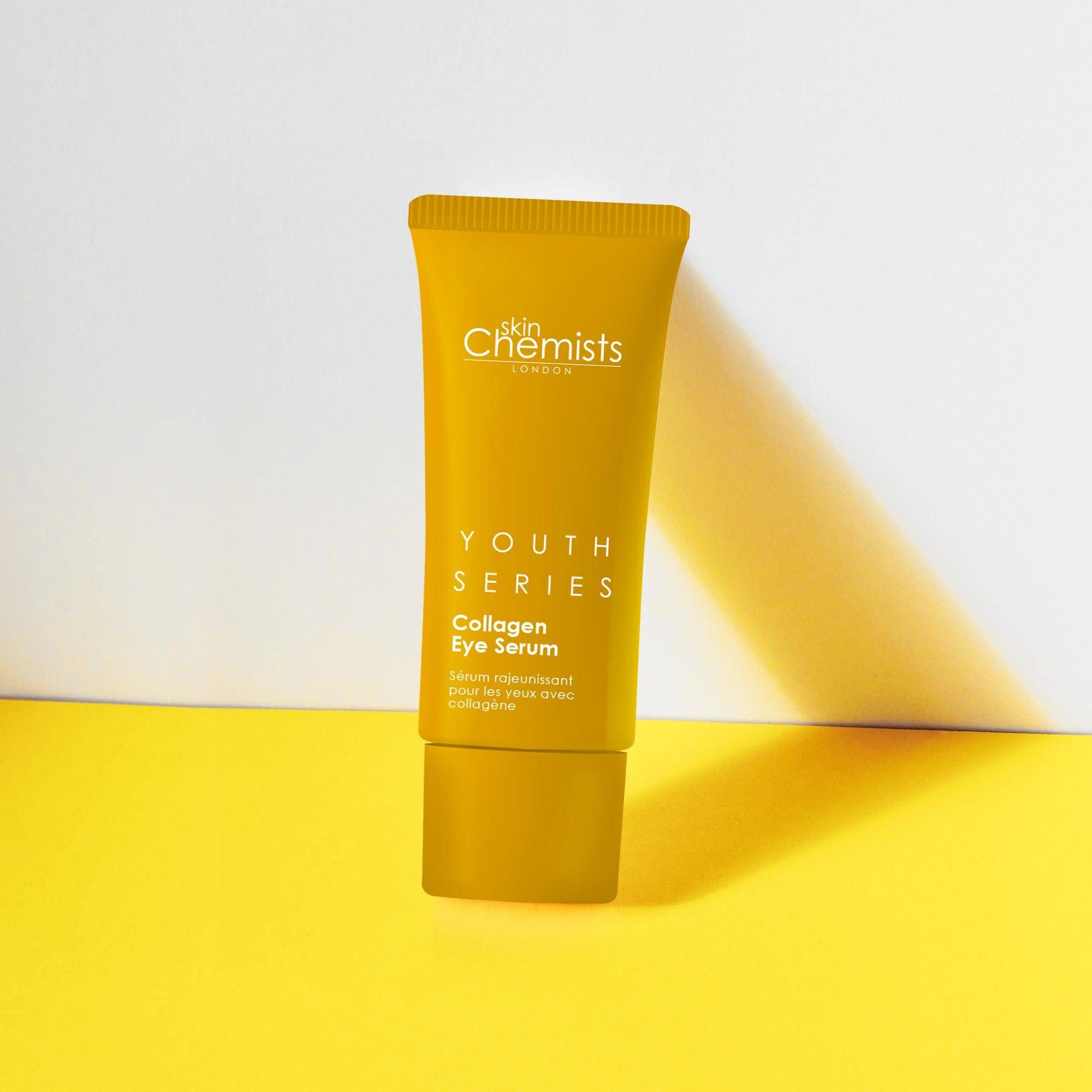 Gelbe Tube auf gelbem Hintergrund. Aufschrift: skinChemists, Youth Series, Collagen Eye Serum.