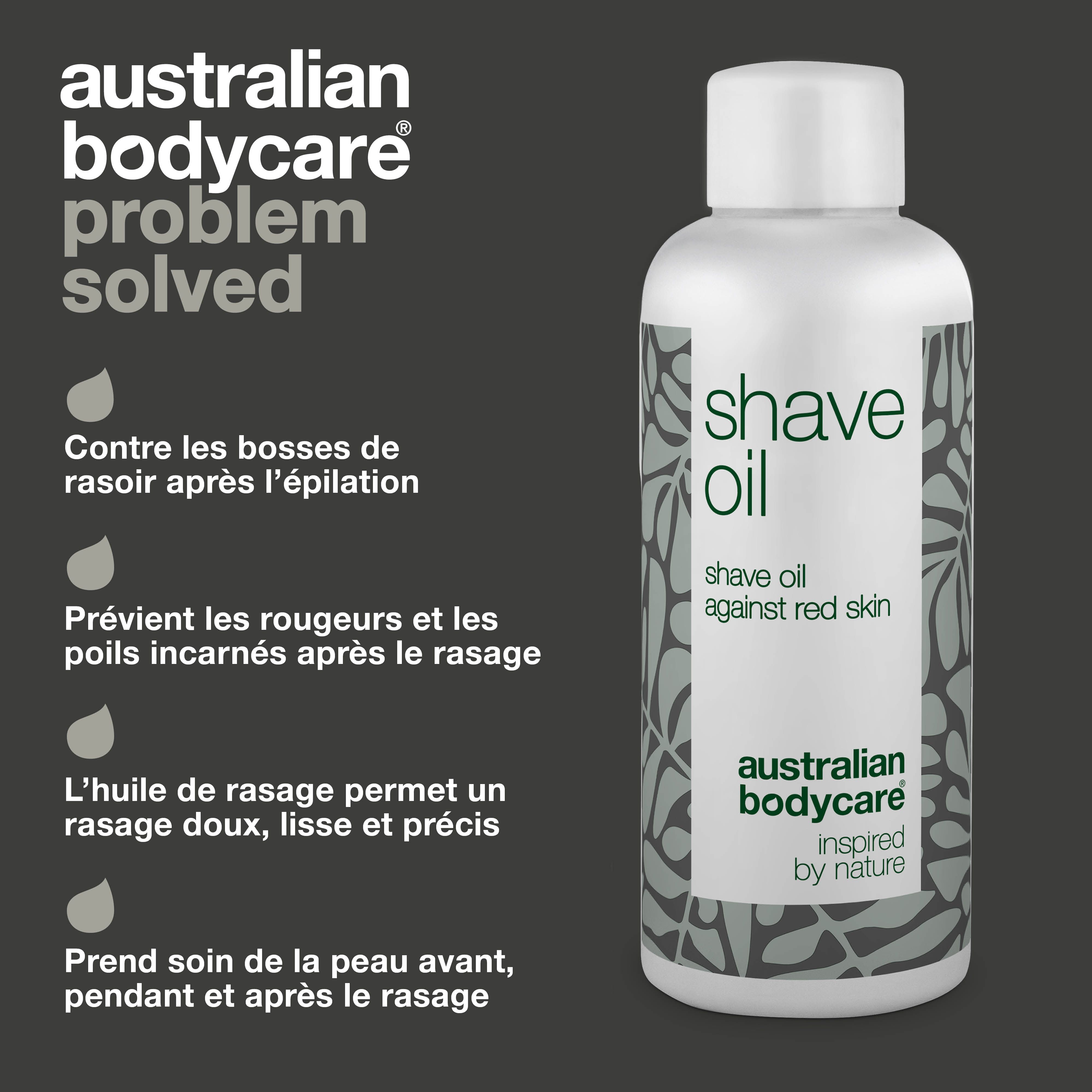 Flacon « Shave Oil » avec texte : Contre les boutons de rasage. Prévient rougeurs et poils incarnés. Rasage doux.
