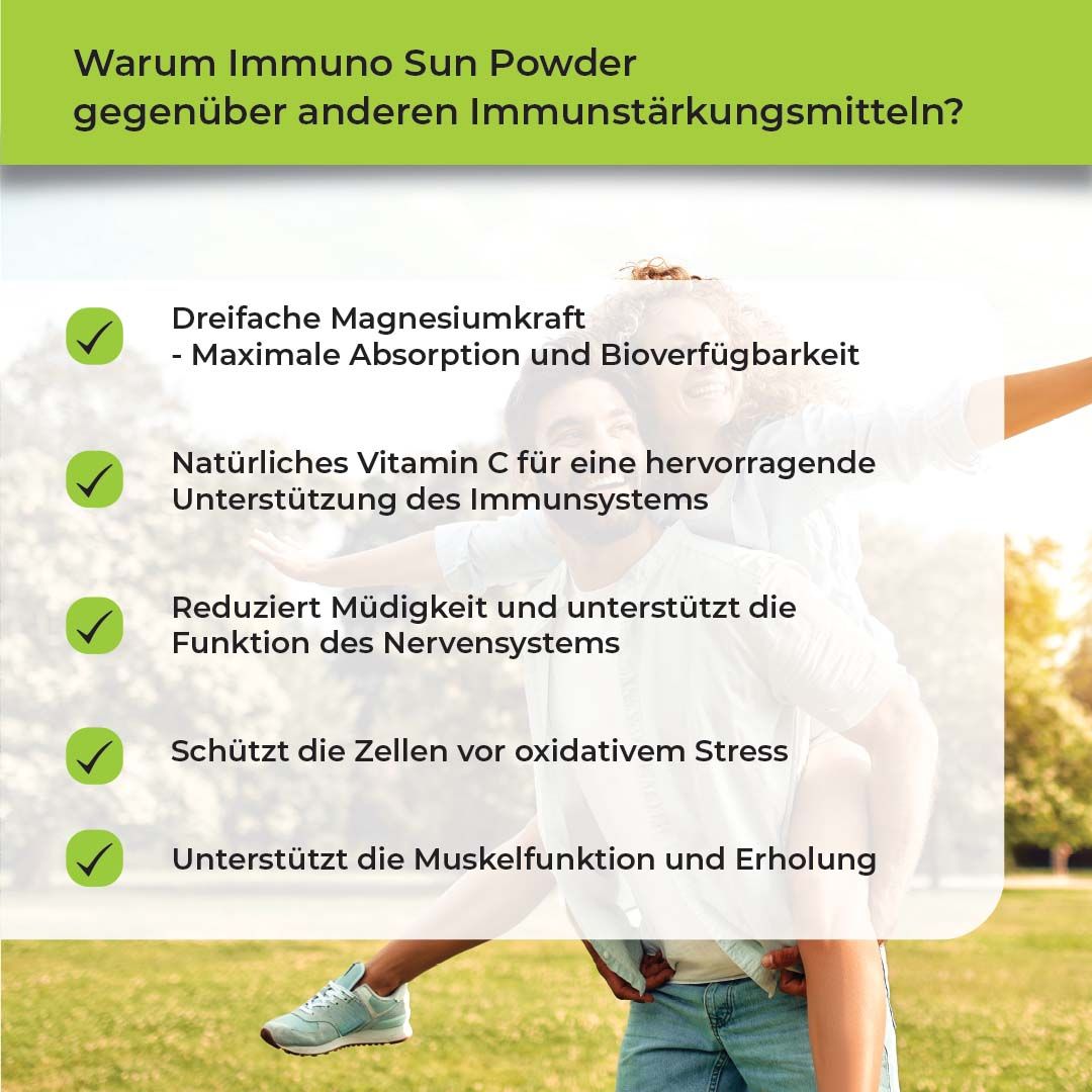 Paar im Freien. Text: "Warum Immuno Sun Powder gegenüber anderen Stärkungsmitteln?" und Vorteile.