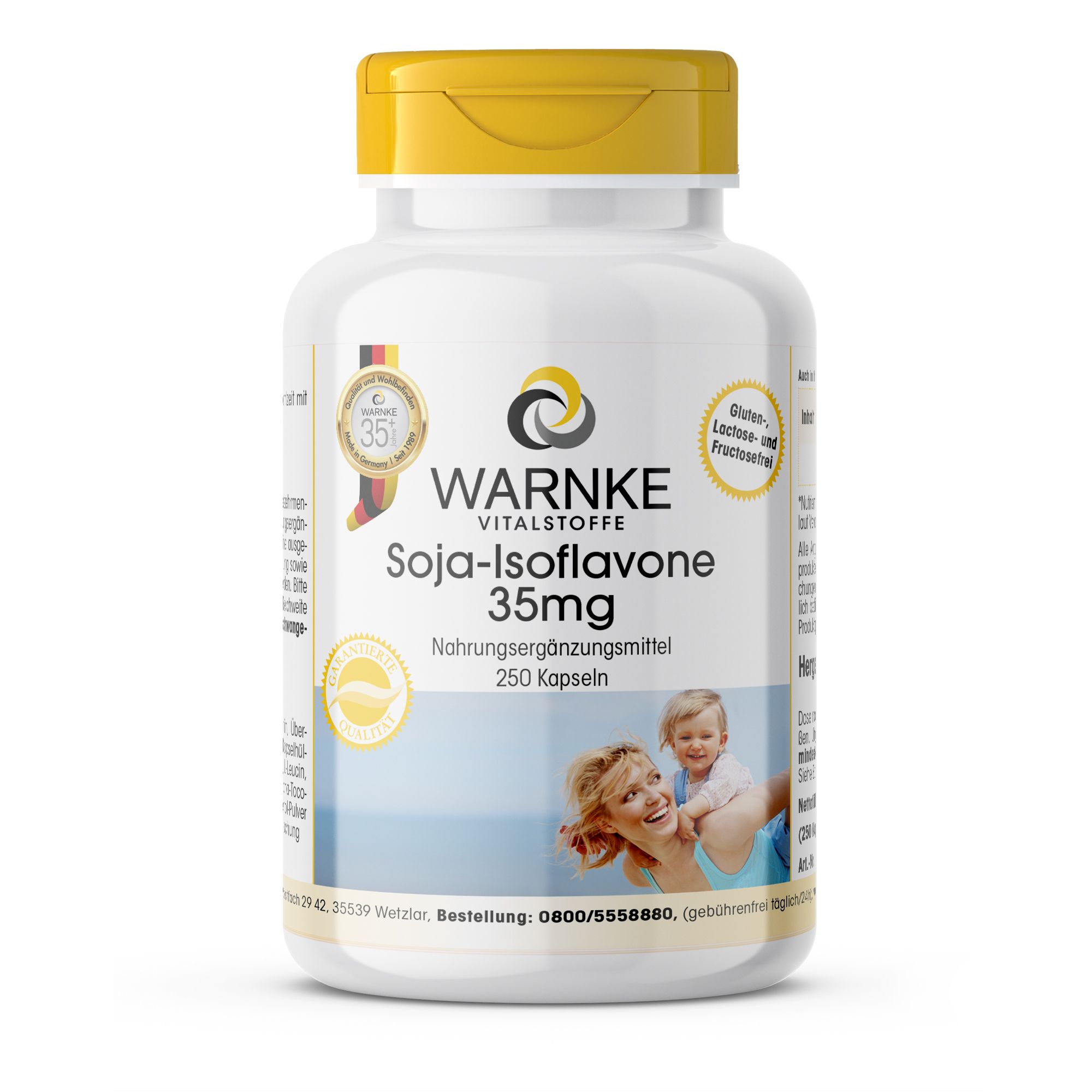 Weiße Flasche mit gelbem Deckel. Aufschrift: Warnke Vitalstoffe, Soja-Isoflavone 35mg, 250 Kapseln. Siegel und Logo.
