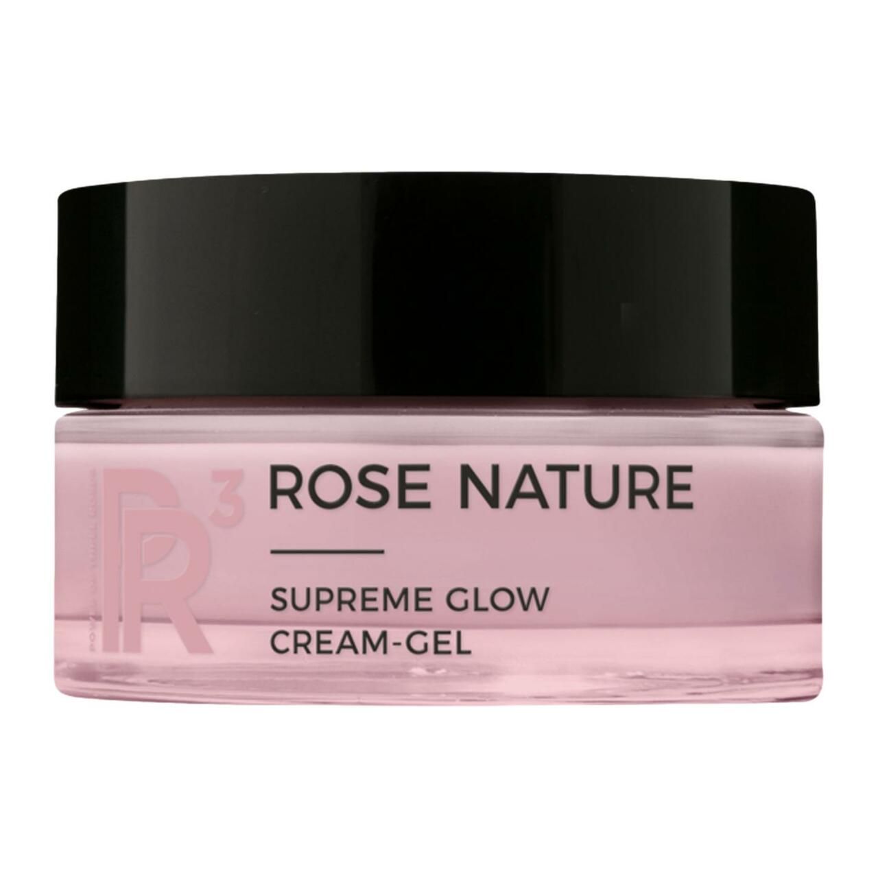 Creme-Gel-Tiegel mit schwarzem Deckel. Aufschrift: Rose Nature, Supreme Glow Cream-Gel.