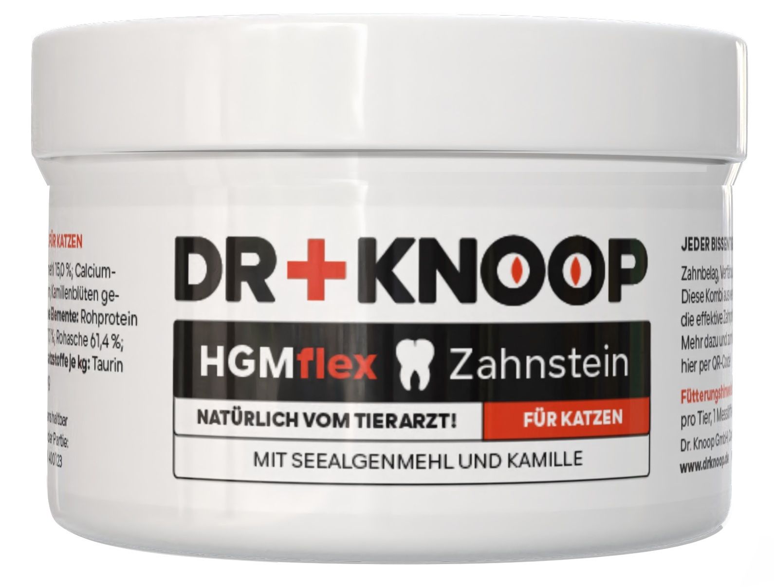Weiße Dose mit schwarzer Aufschrift DR+KNOOP, HGM flex, Zahnstein, für Katzen. Enthält Seealgenmehl und Kamille.