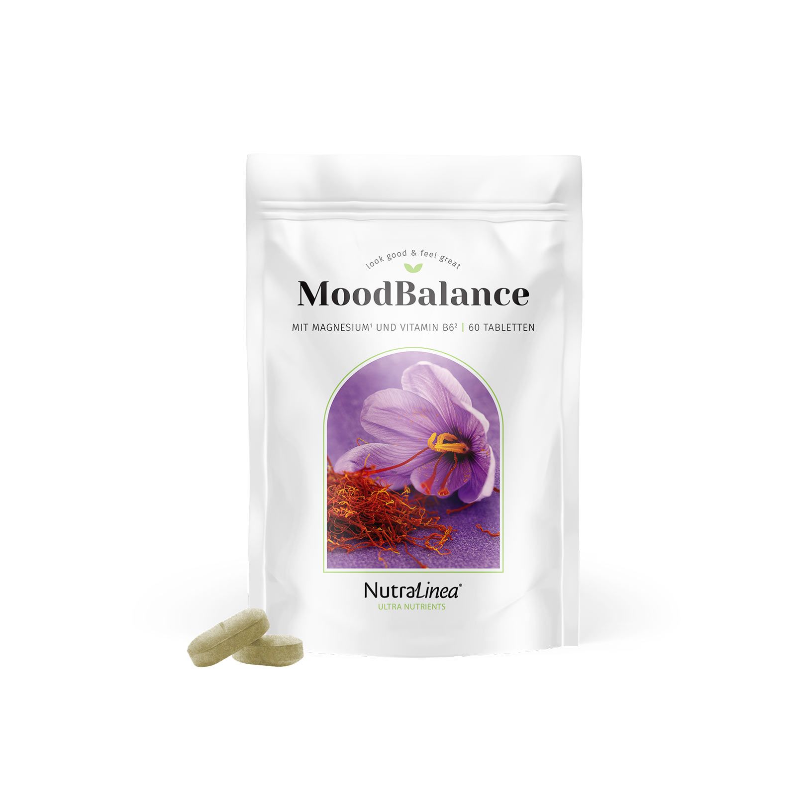 Beutel MoodBalance mit Tabletten. Produktname, Bild von Blüte und Safran. Marke NutraLinea.