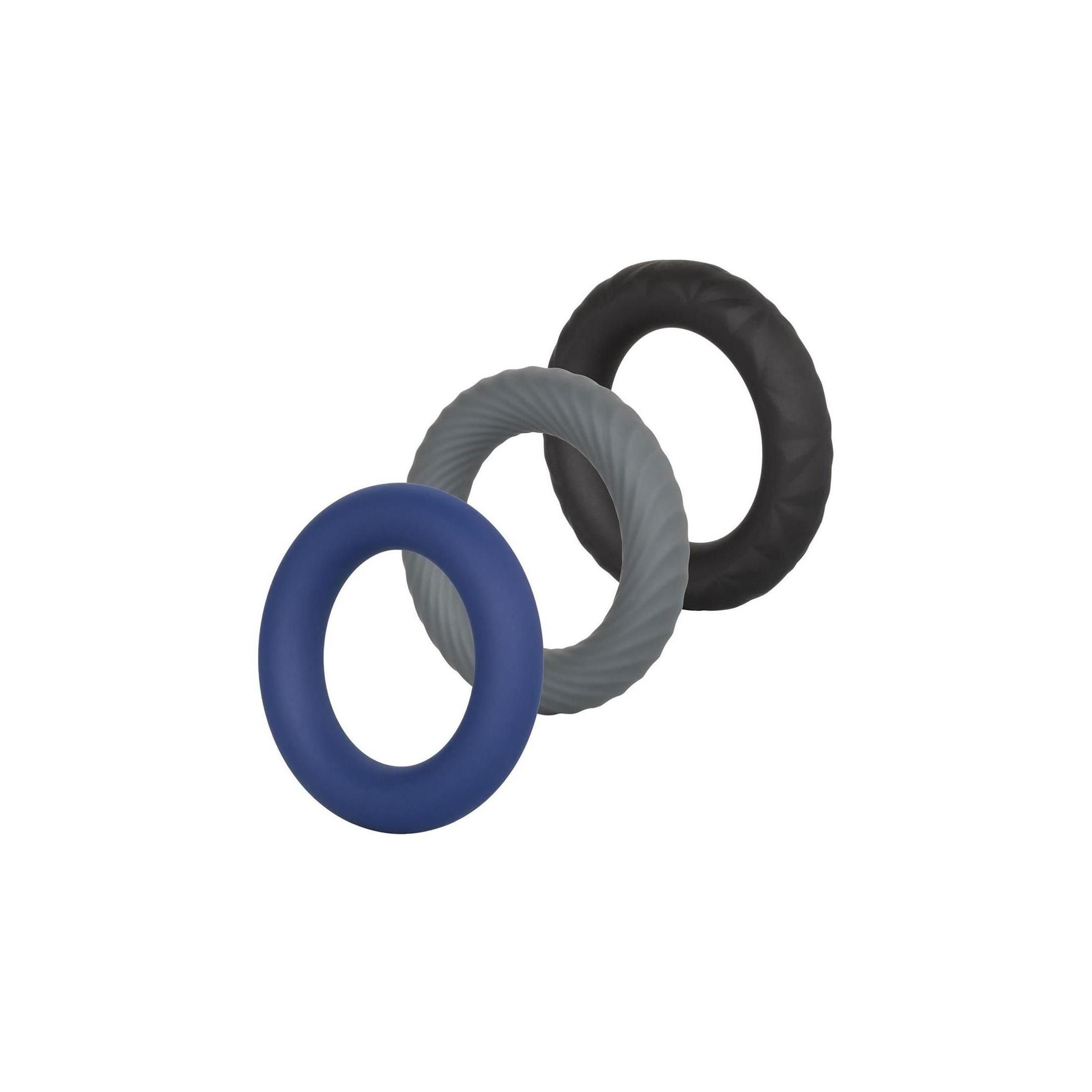 Drei Ringe in Blau, Grau und Schwarz. Glatte und strukturierte Oberflächen. Ringe aus Silikon.