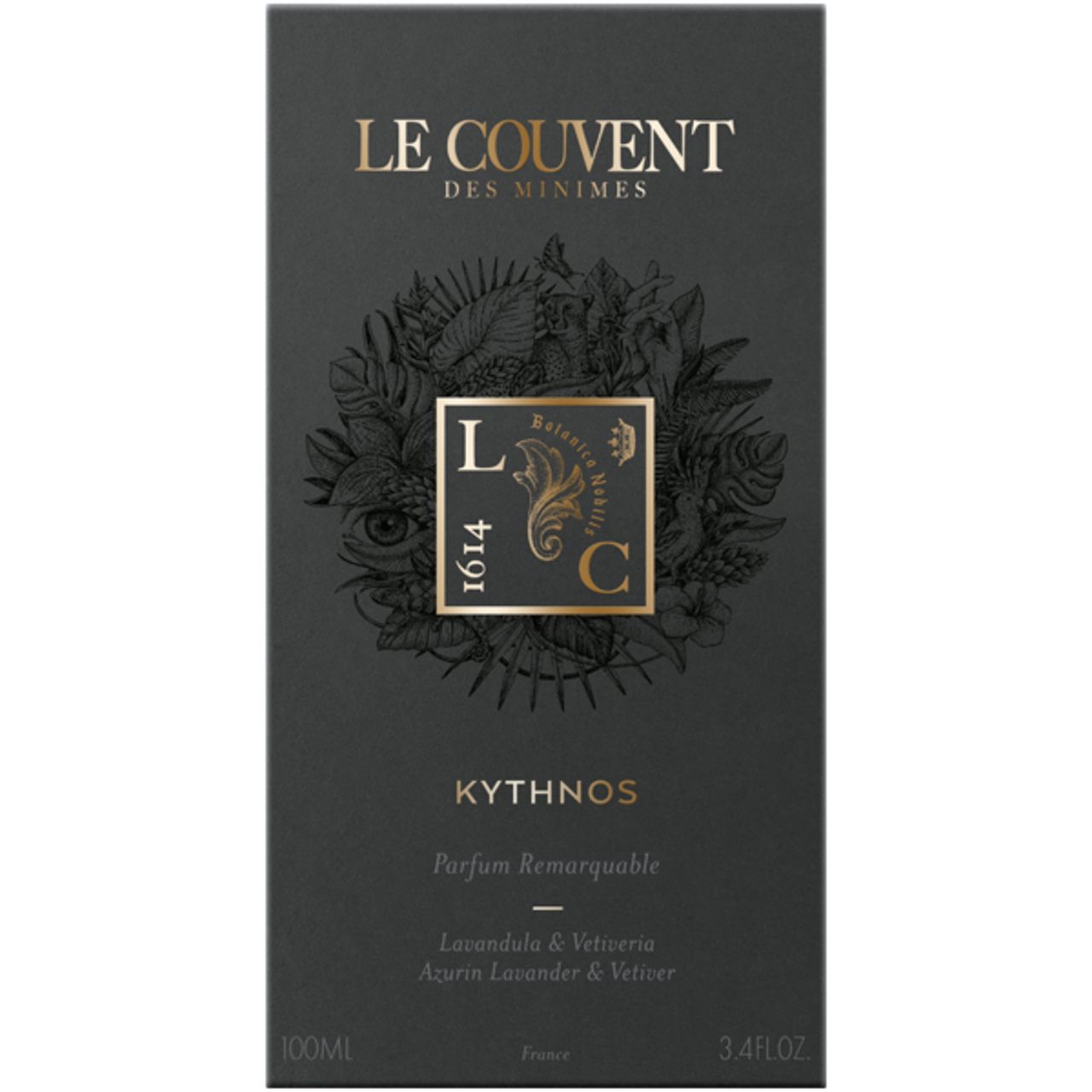 Dunkle Schachtel mit goldfarbenem Logo und Schriftzug. Text: Kythnos, Parfum Remarquable, Lavandula & Vetiveria.